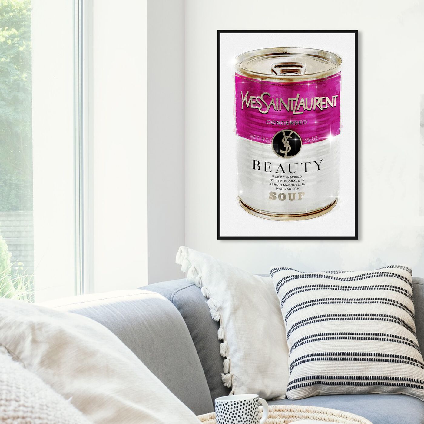 Hanging view of Yves Beauty SOUP CAN featuring fashion and glam and soup can art.