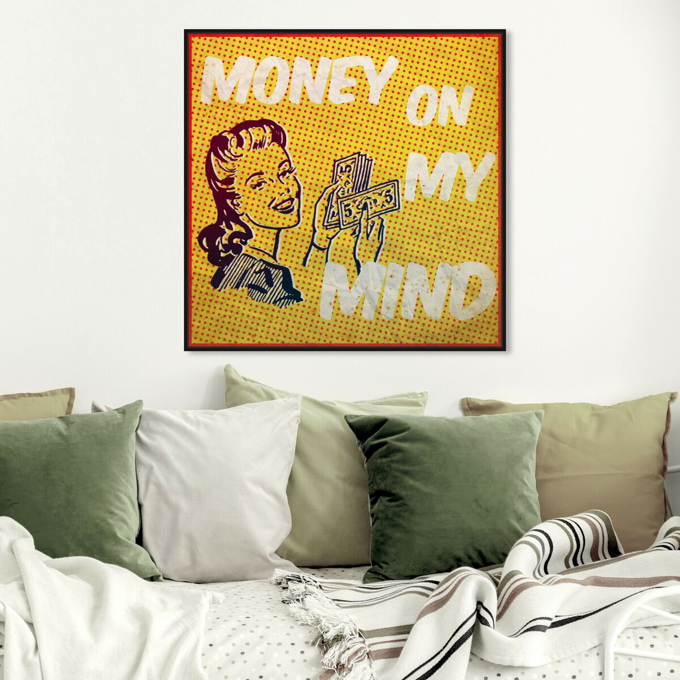 Hanging view of Money on My Mind featuring advertising and comics art.