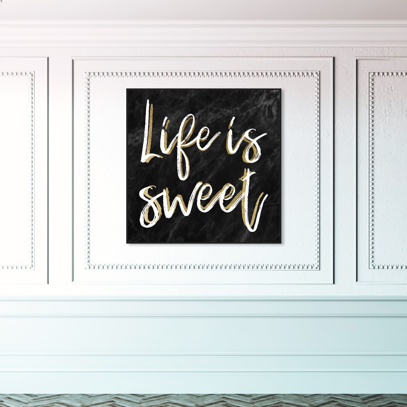 Hanging view of Life is Sweet Black Marble featuring typography and quotes and inspirational quotes and sayings art.
