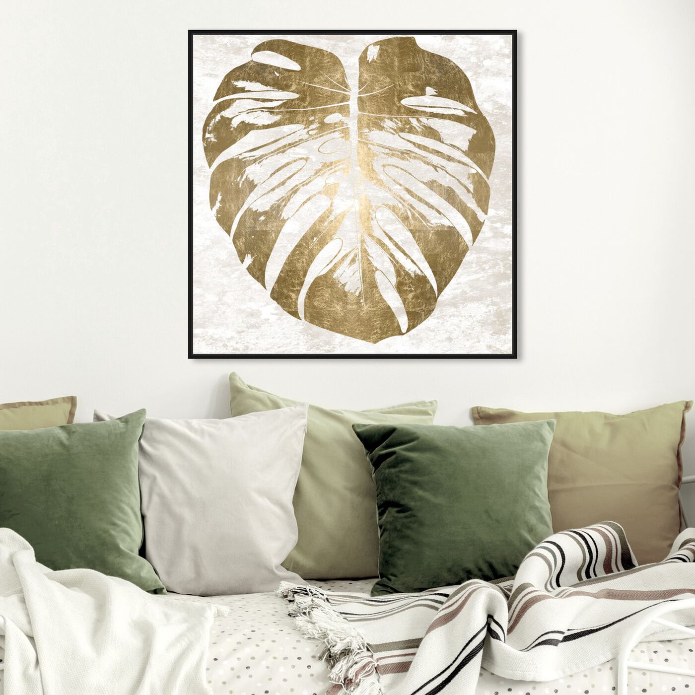 Hanging view of Monstera Leaf in Gold  featuring floral and botanical and botanicals art.
