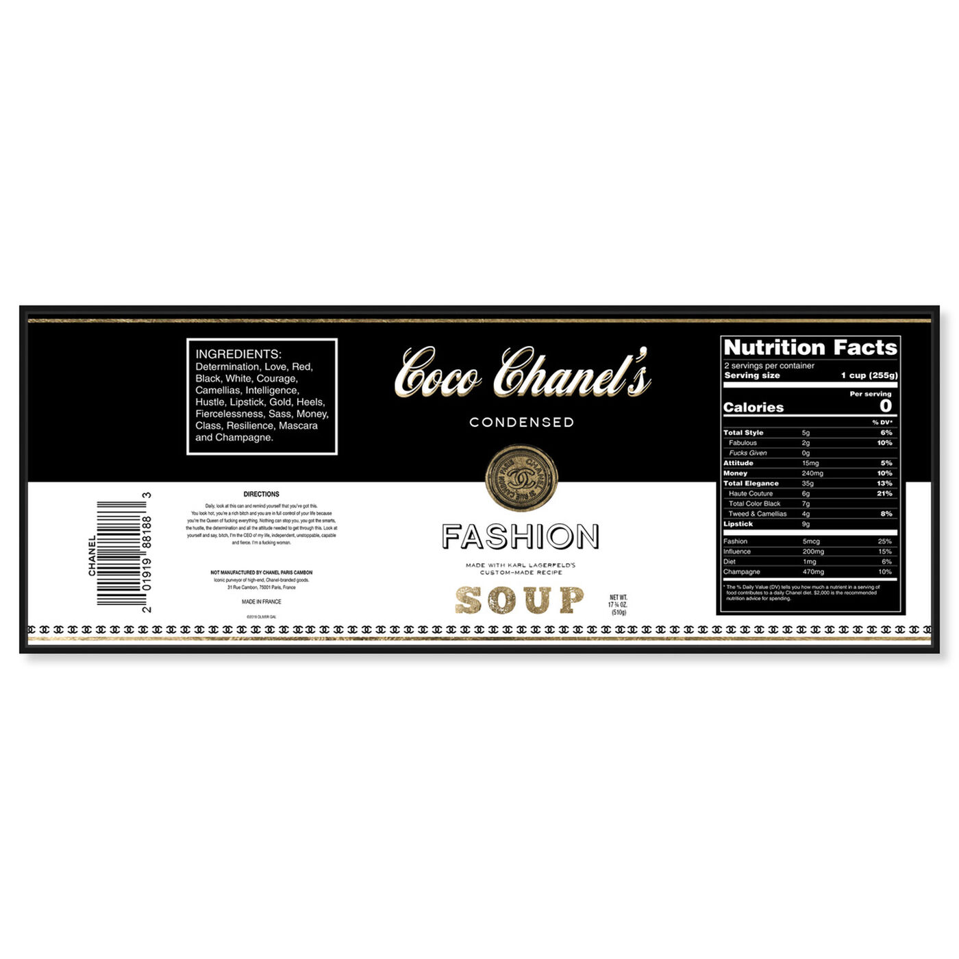 Front view of Fashion Soup Label featuring fashion and glam and soup can art.