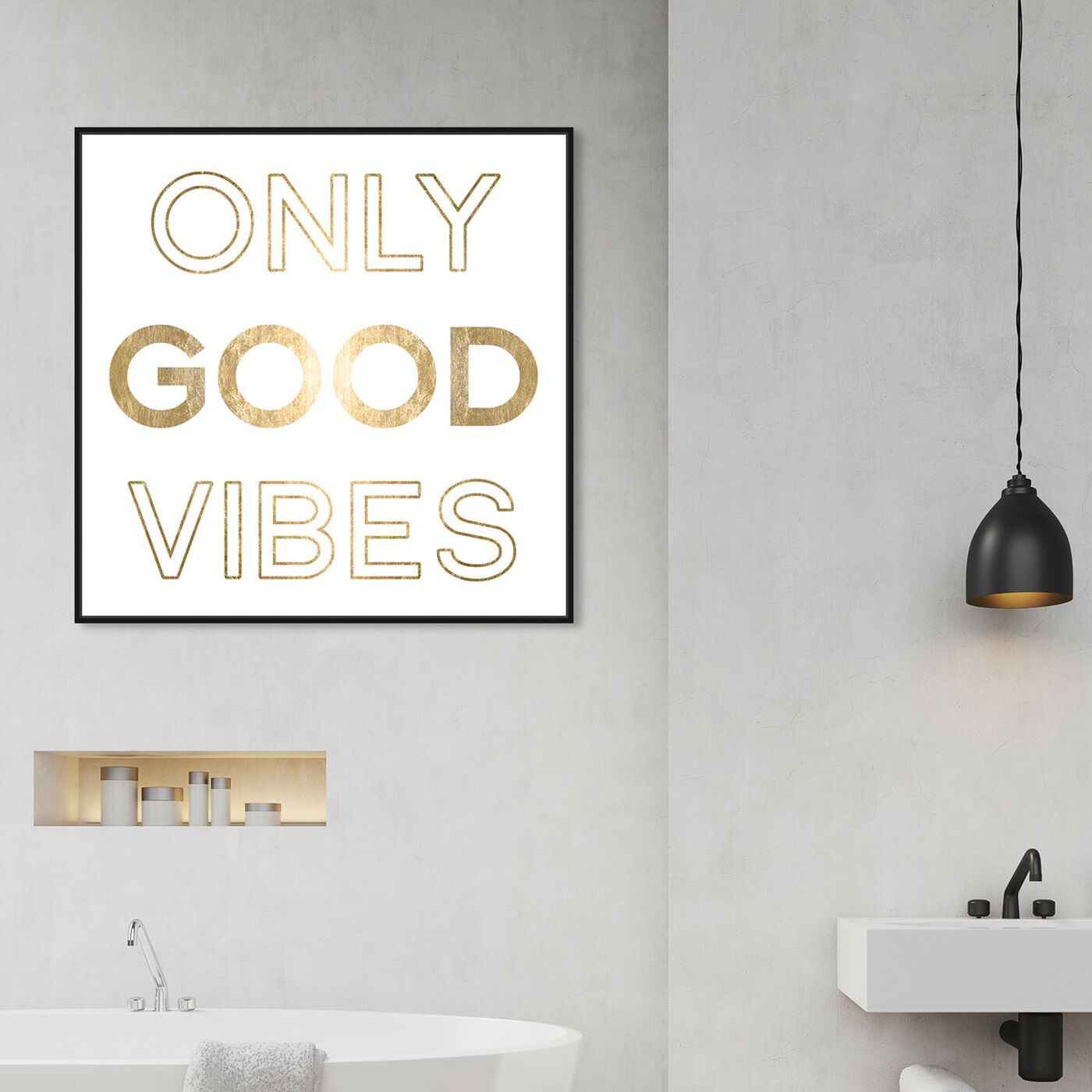 Hanging view of Good Vibes Gold Foil featuring typography and quotes and motivational quotes and sayings art.