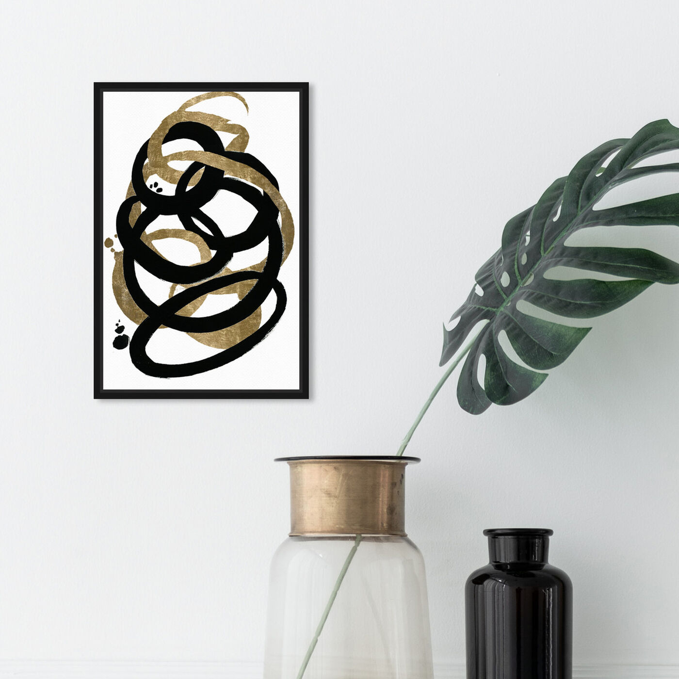 Hanging view of Formas II Gold featuring abstract and shapes art.