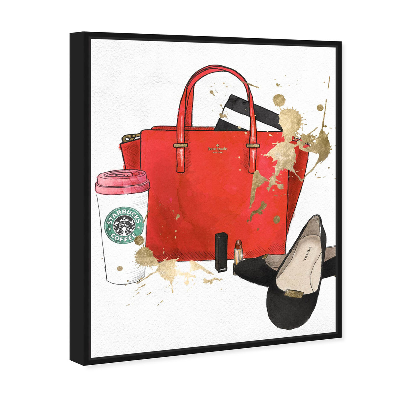 Angled view of Bags, Shoes and Coffee Red featuring fashion and glam and essentials art.