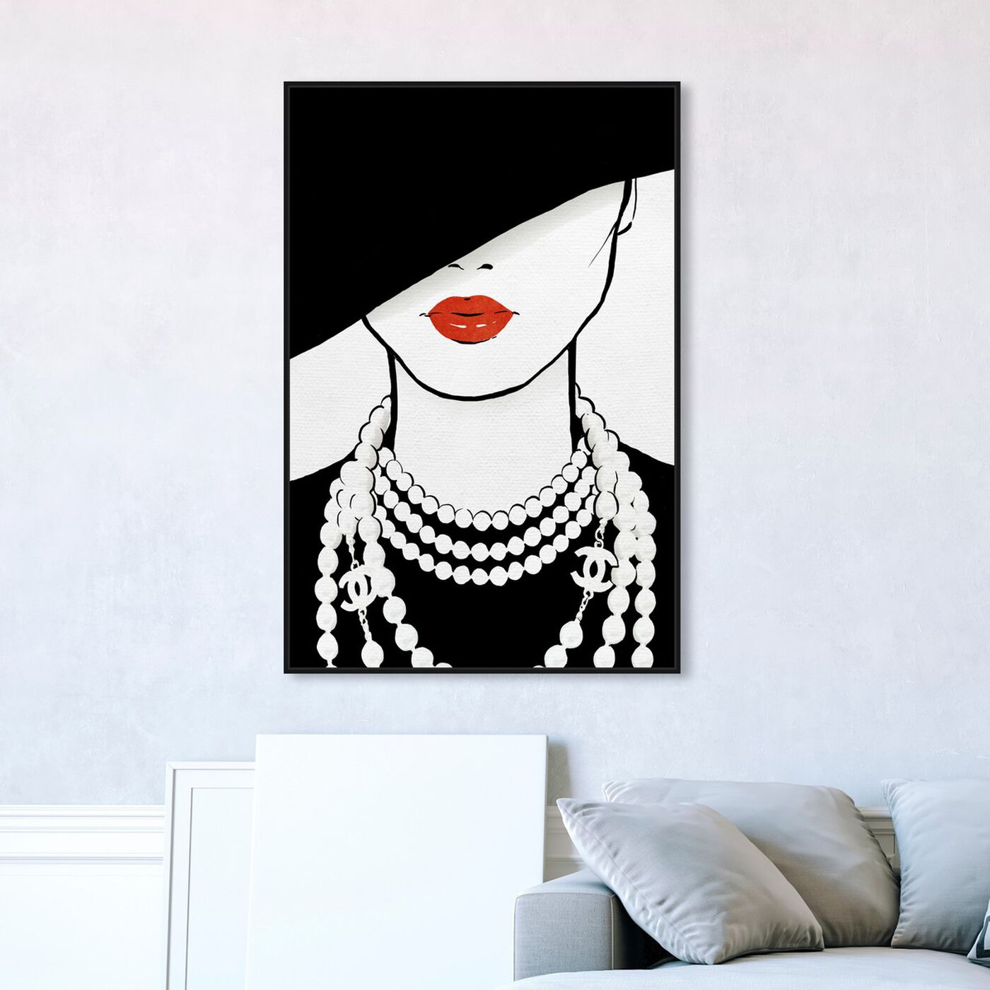 Hanging view of Noir Hat and Pearls featuring fashion and glam and jewelry art.