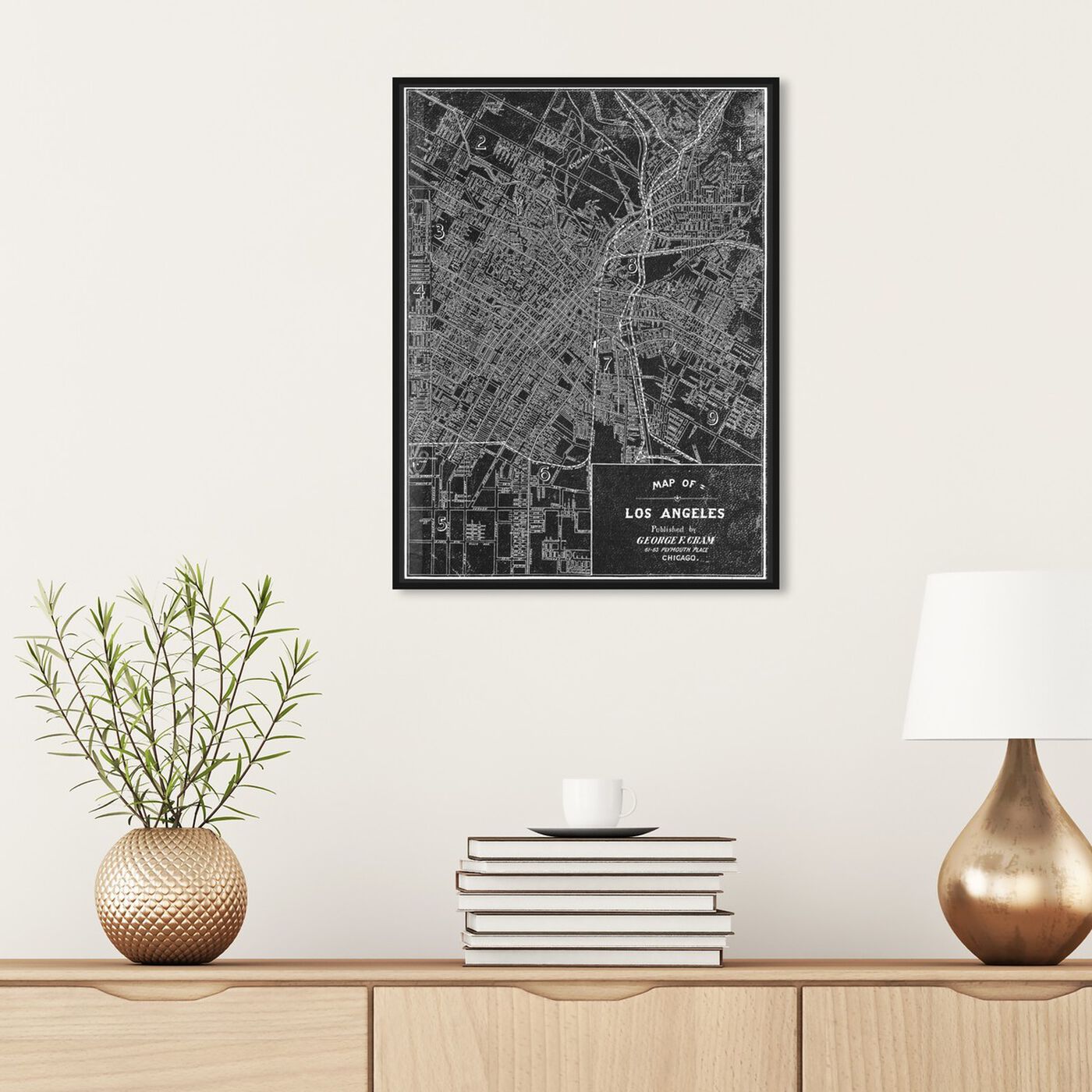 Hanging view of Los Angeles Map 1899 Grey featuring maps and flags and us cities maps art.