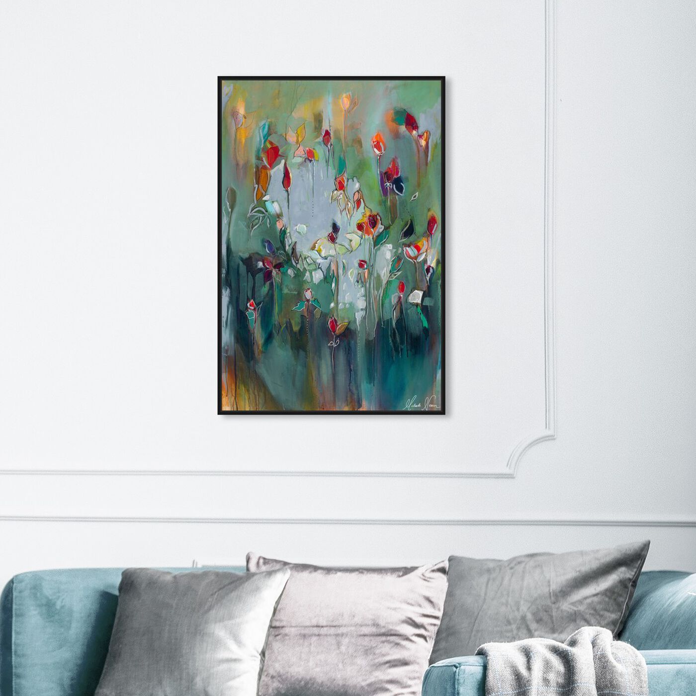 Hanging view of pale blue influence 2 by Michaela Nessim featuring abstract and paint art.