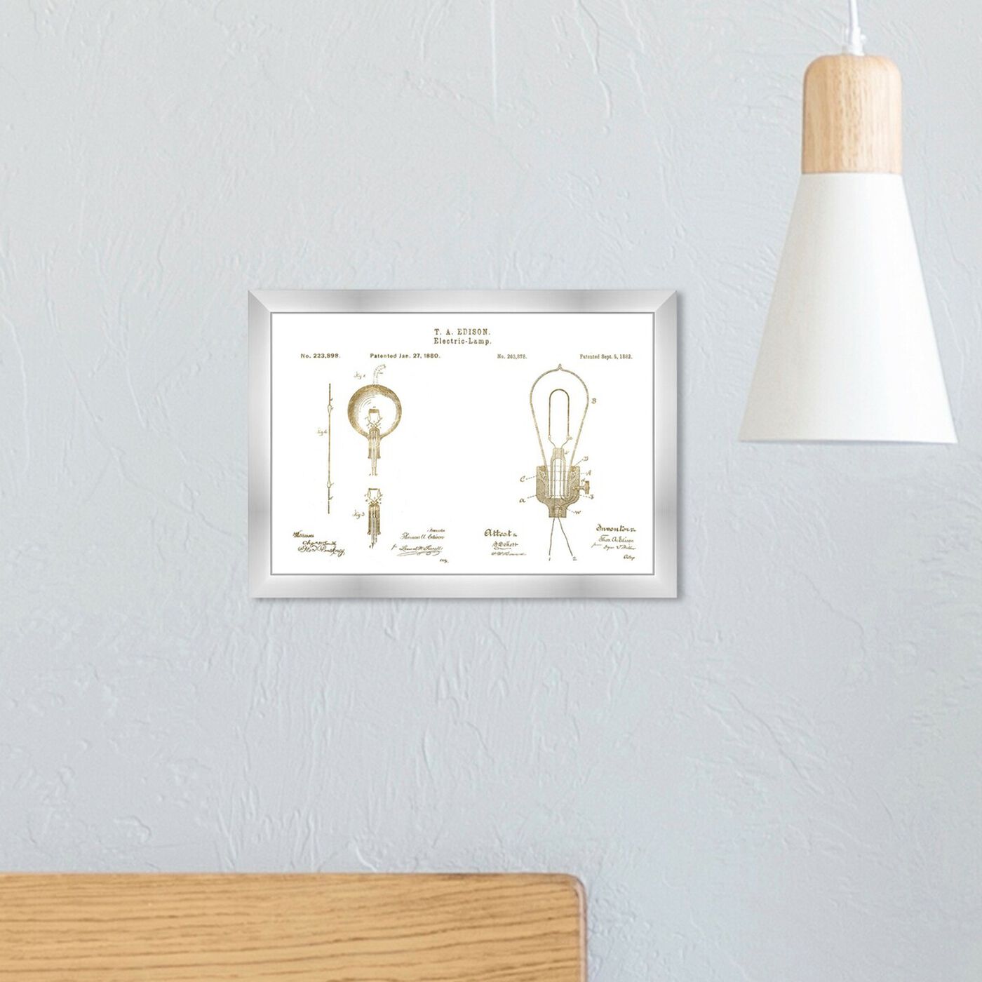 Hanging view of Vintage Electric Lamps, Gold Foil featuring architecture and buildings and structures art.
