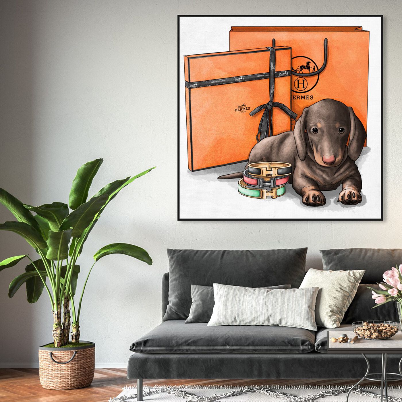 Hanging view of Fancy Doxie featuring animals and dogs and puppies art.