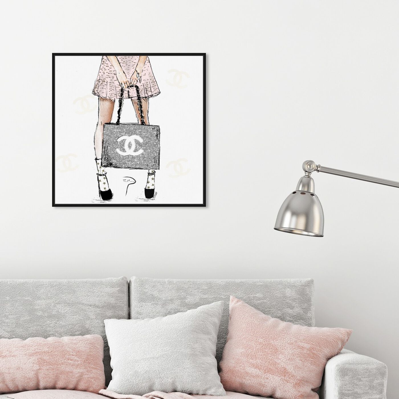 Hanging view of Pily Montiel - Tweed Girl Rose featuring fashion and glam and handbags art.