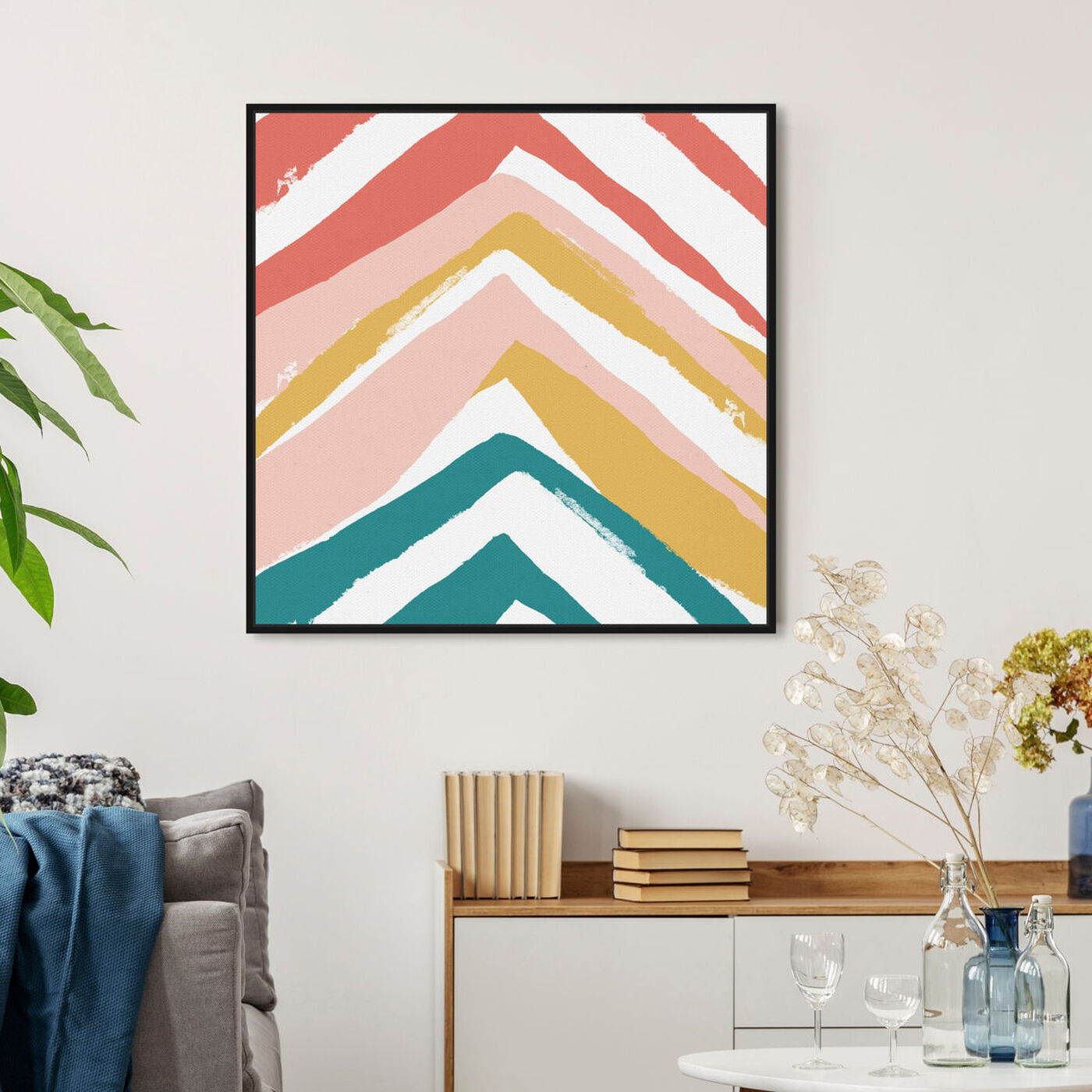 Hanging view of Mid Century Pyramids featuring abstract and paint art.