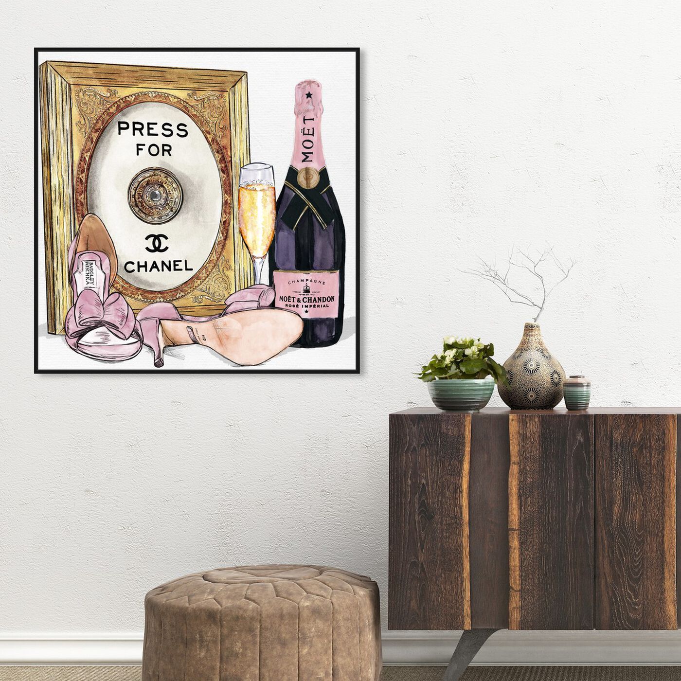Hanging view of Champagne Cocktail featuring fashion and glam and road signs art.