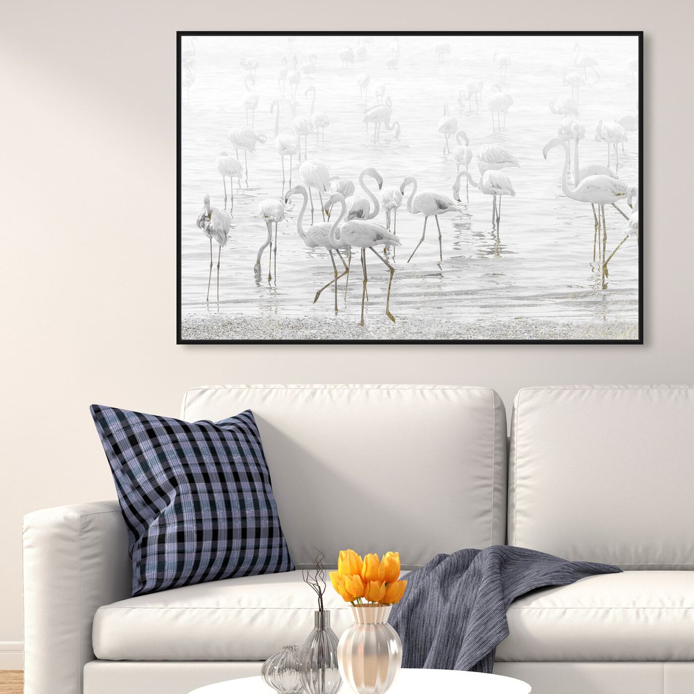 Hanging view of White Feather Flamingos featuring animals and birds art.