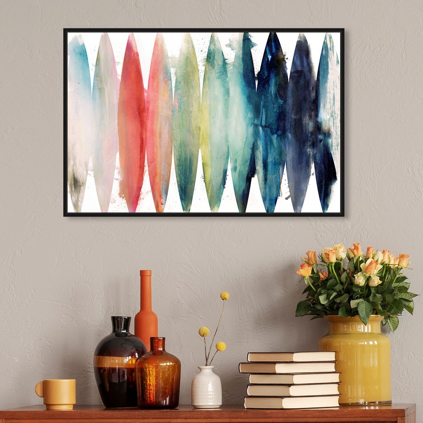 Hanging view of Paradise Found featuring abstract and watercolor art.