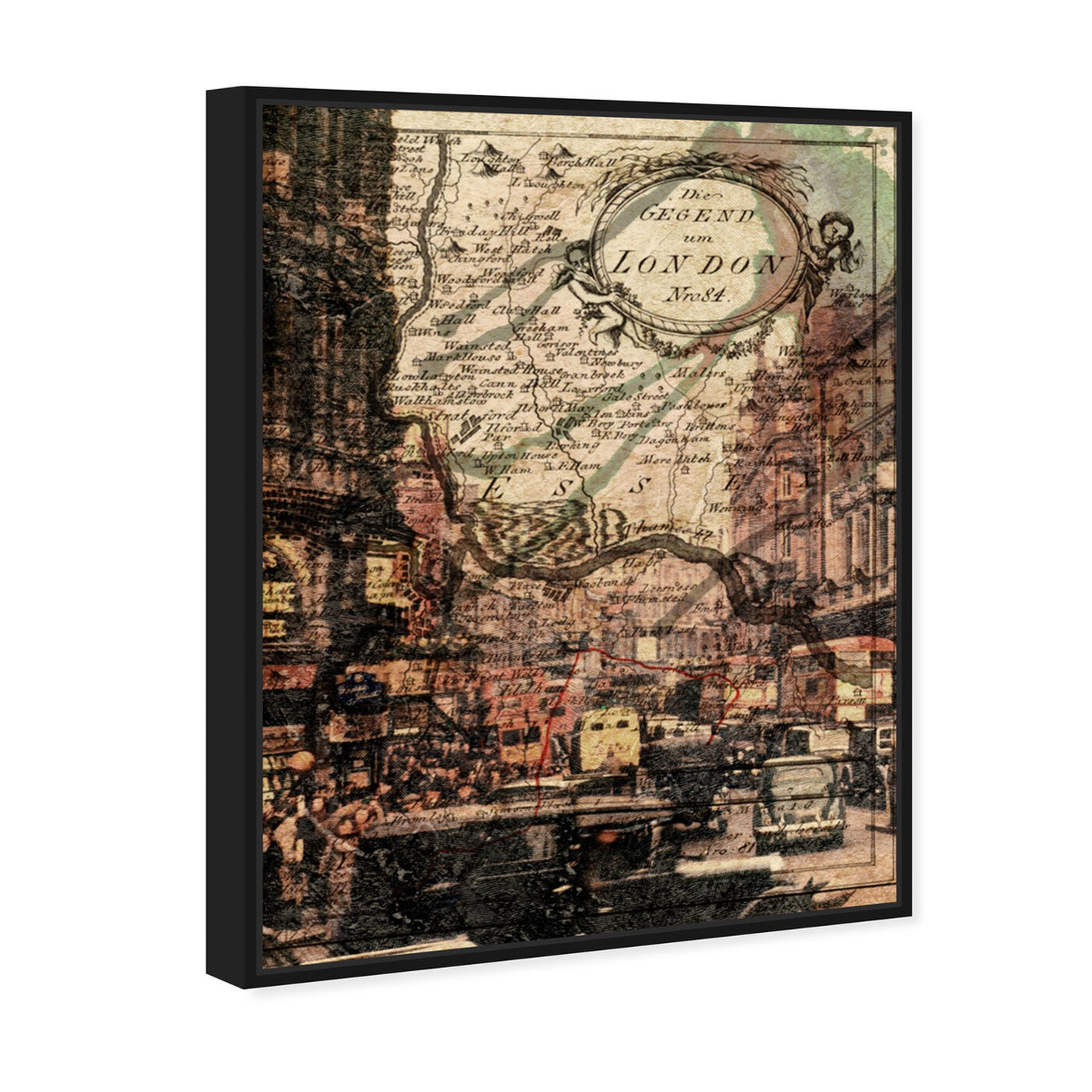 Angled view of London Classic featuring maps and flags and european cities maps art.
