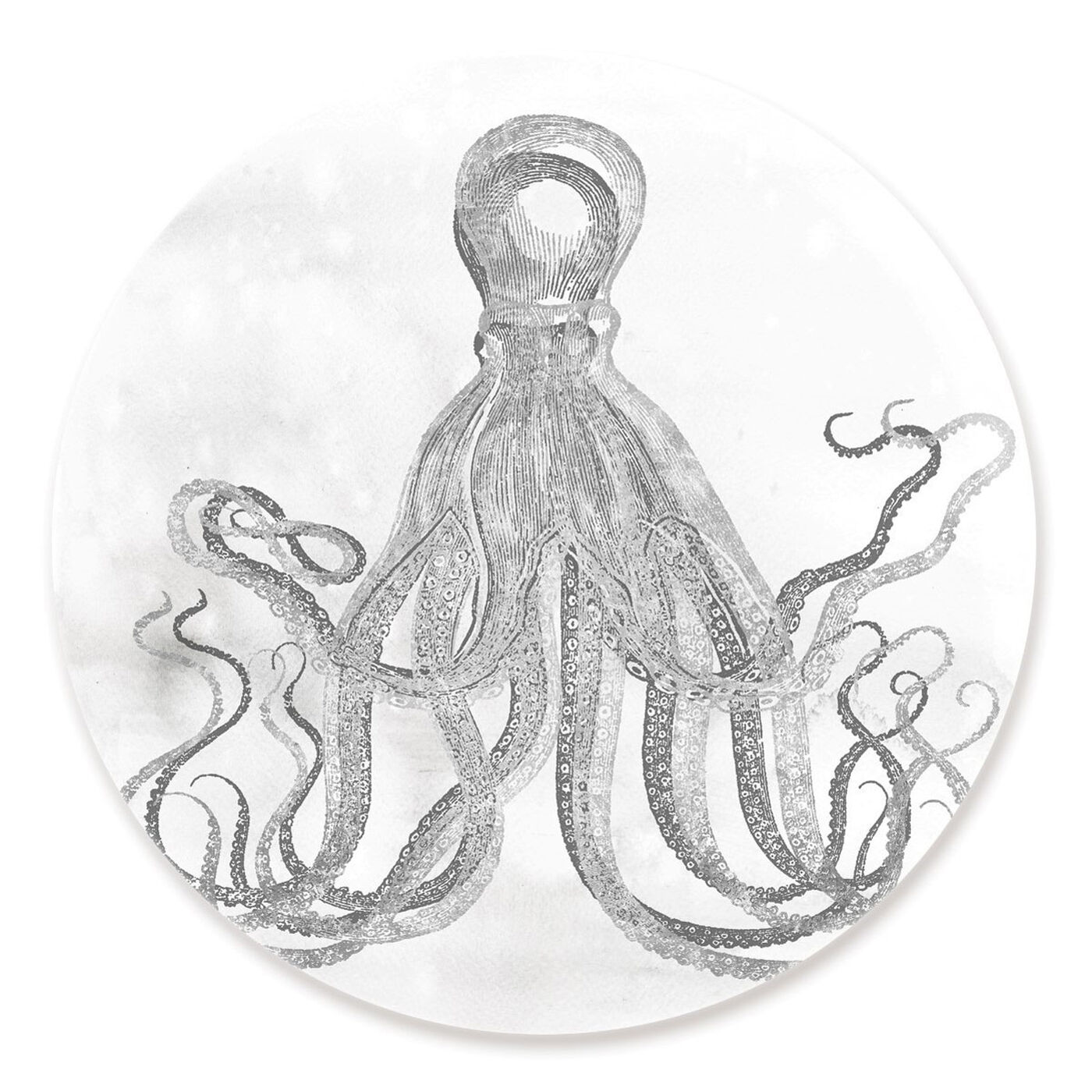 Front view of Octopus Watercolor Silver Circle featuring nautical and coastal and marine life art.