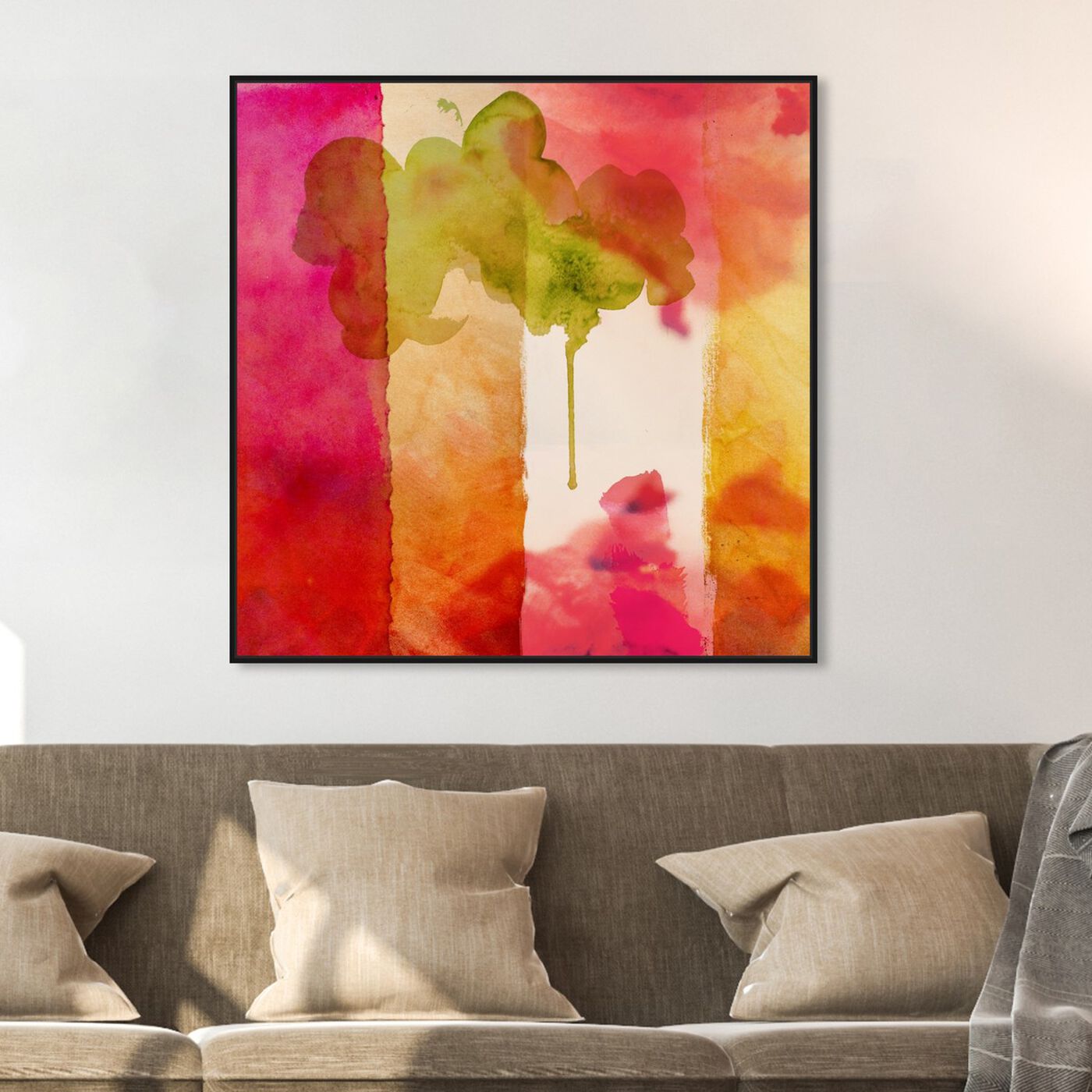 Hanging view of Amber Velvet featuring abstract and watercolor art.