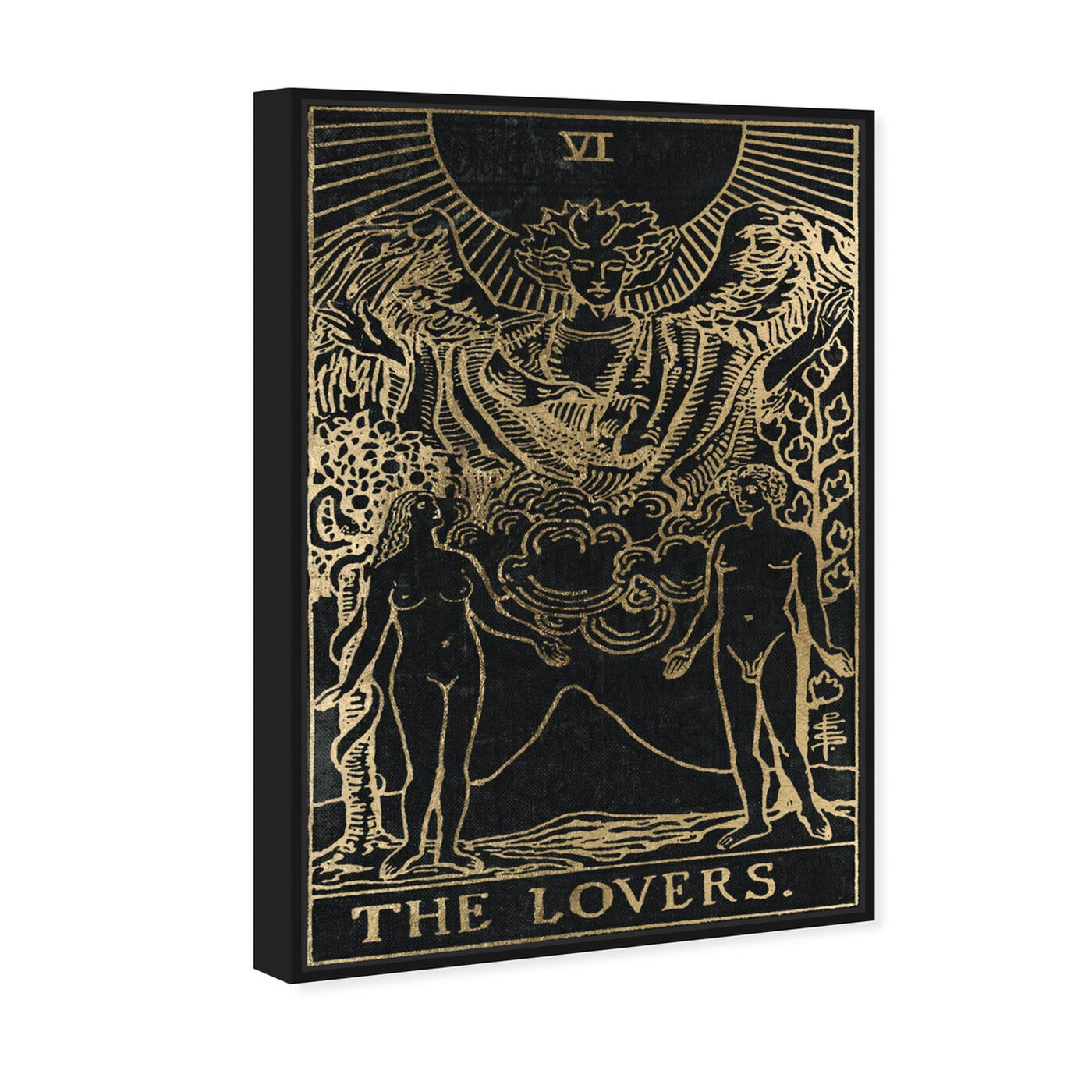 Angled view of The Lovers Tarot Gold featuring spiritual and religious and zodiac art.