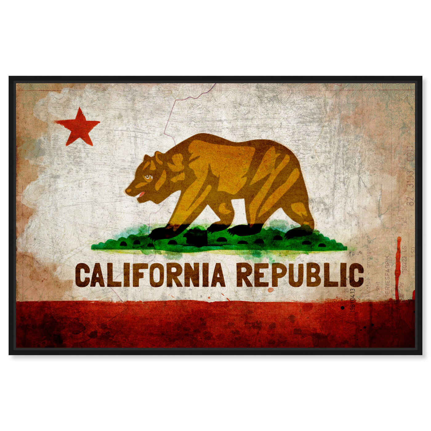 Front view of California Republic featuring maps and flags and us states flags art.