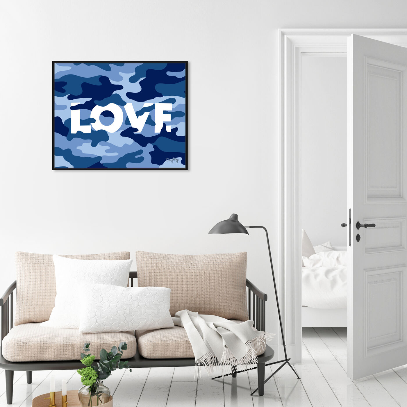 Hanging view of Corey Paige - Blue Camo love  featuring abstract and shapes art.