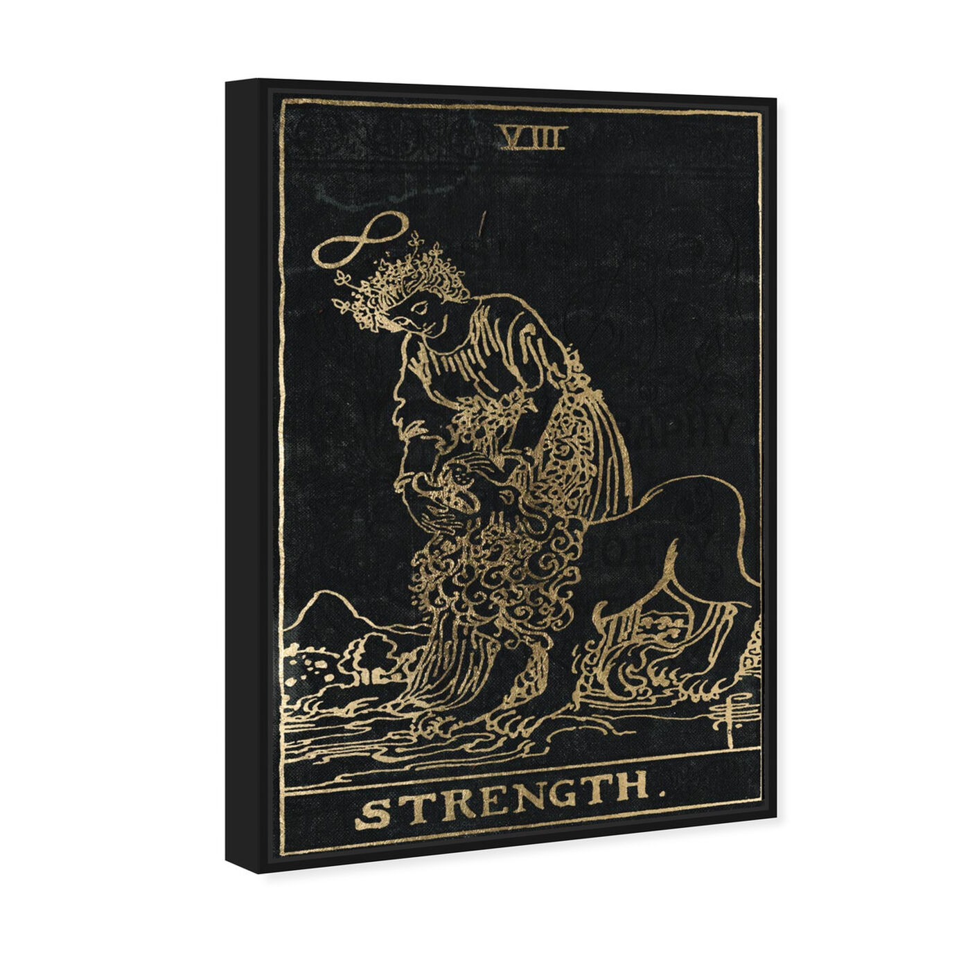 Angled view of Strength Tarot featuring spiritual and religious and zodiac art.