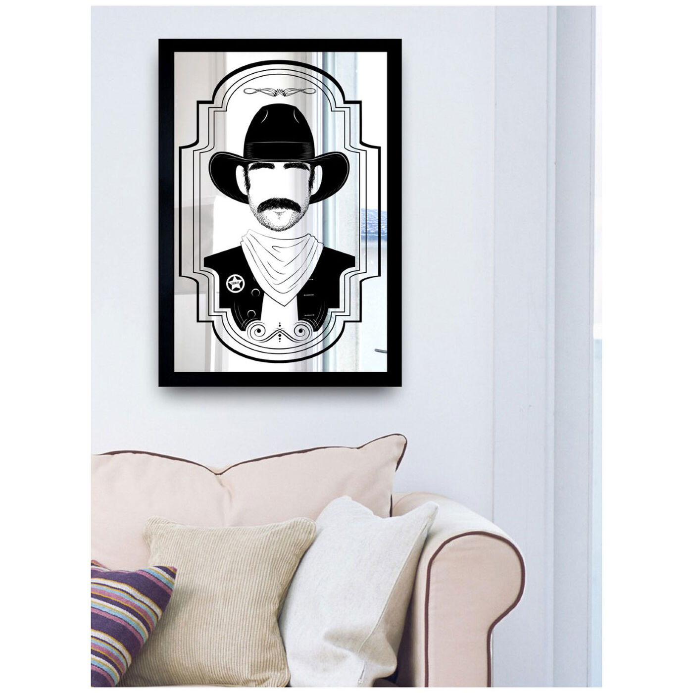 Hanging view of Cowboy Mirror featuring people and portraits and portraits art.