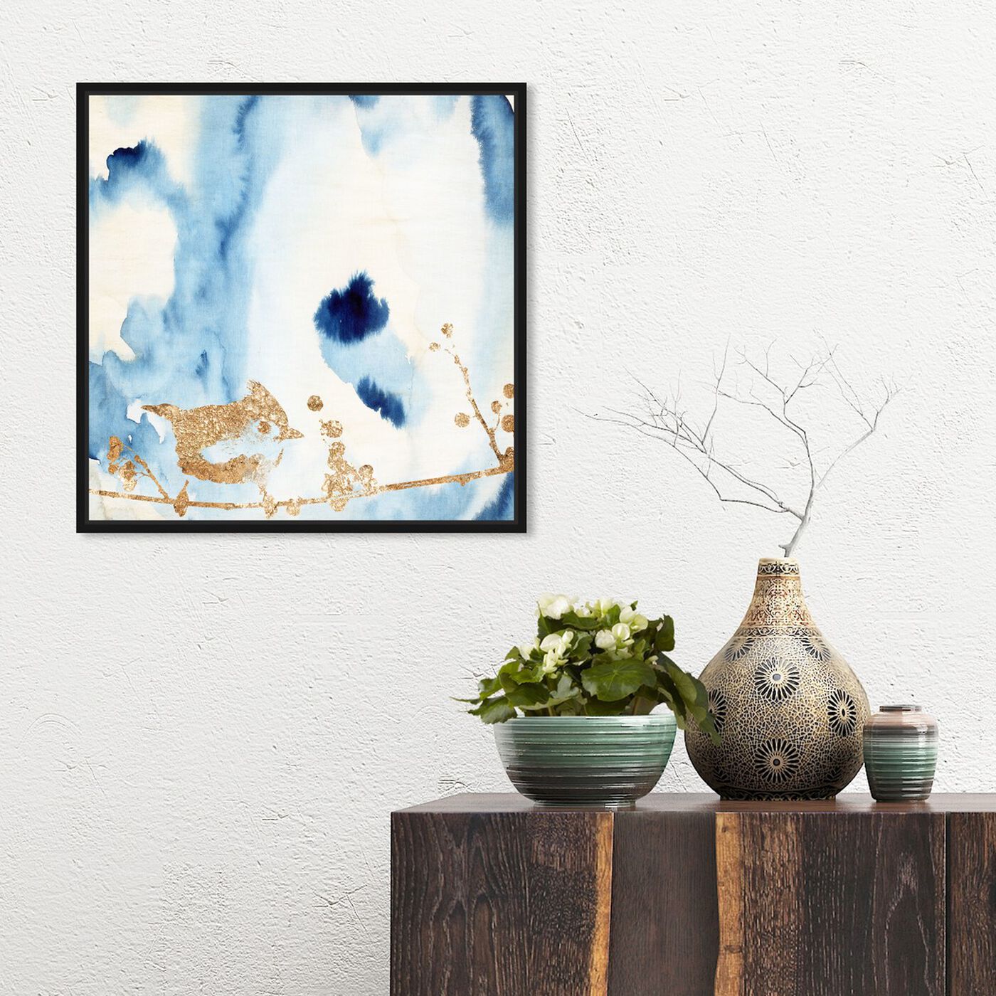 Hanging view of Birdie Sings Blues featuring abstract and watercolor art.