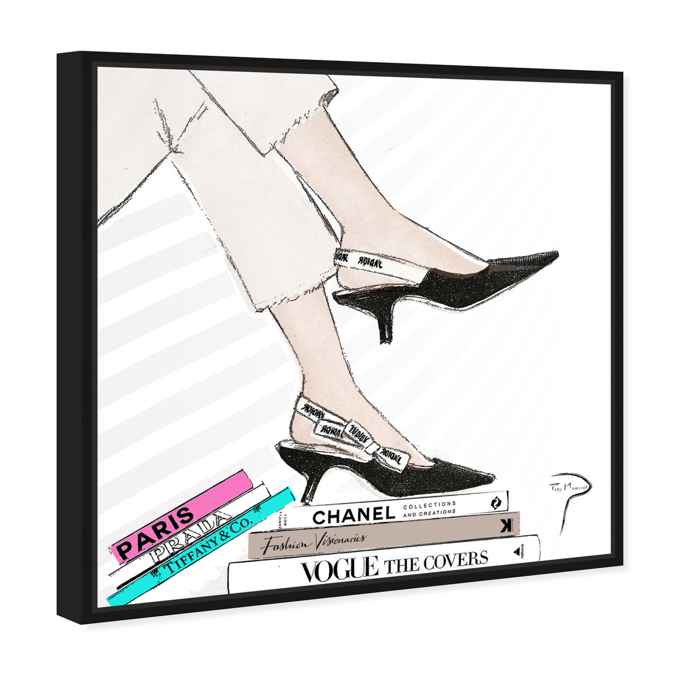 Angled view of Pily Montiel - Shoes with pink book featuring fashion and glam and shoes art.