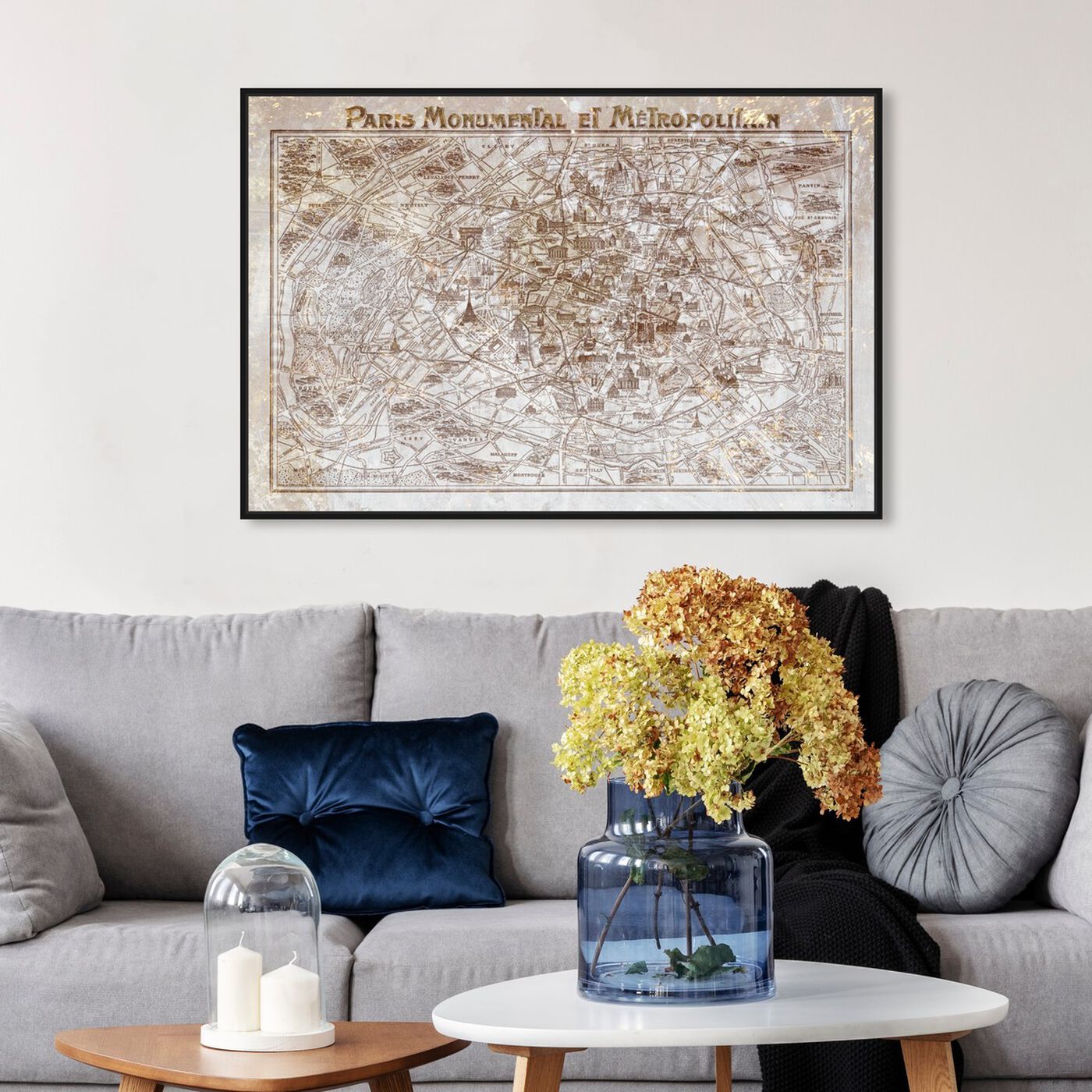 Hanging view of Dusty Gold Paris Map featuring maps and flags and european cities flags art.