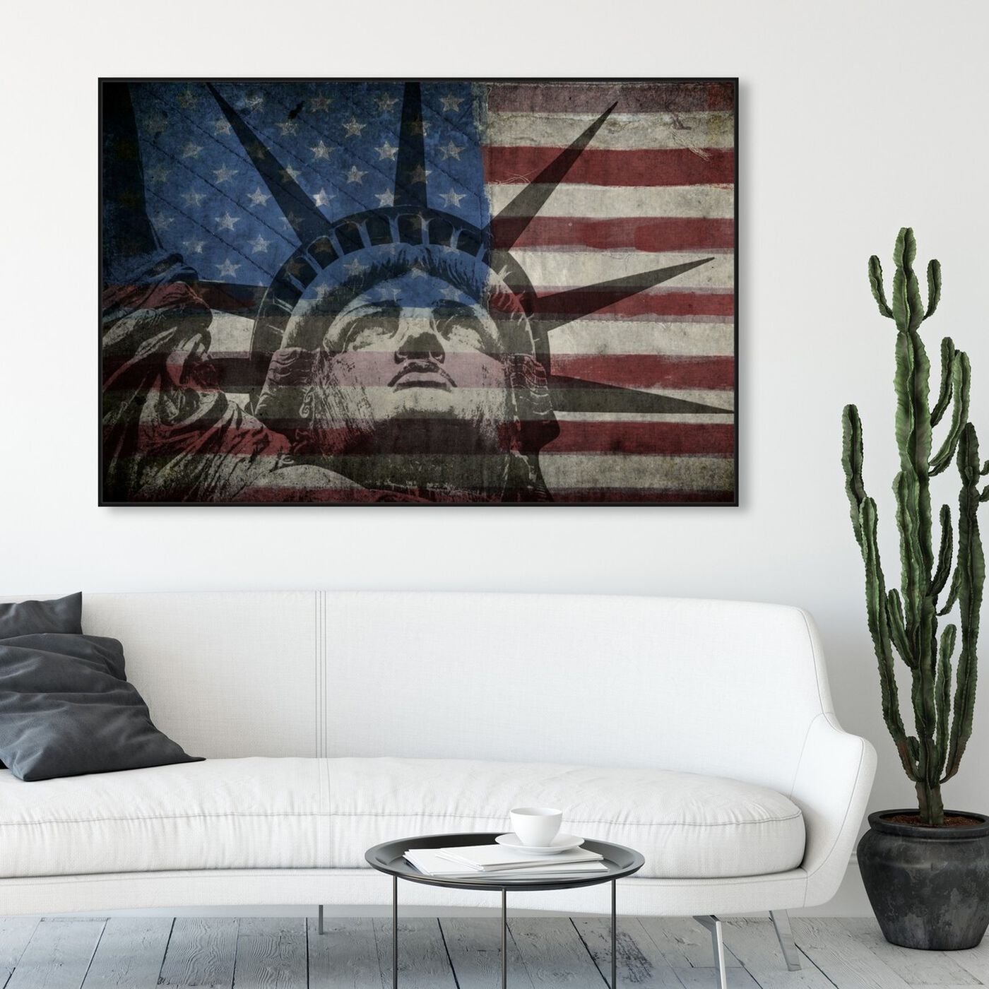 Hanging view of Statue of Liberty featuring americana and patriotic and us flags art.