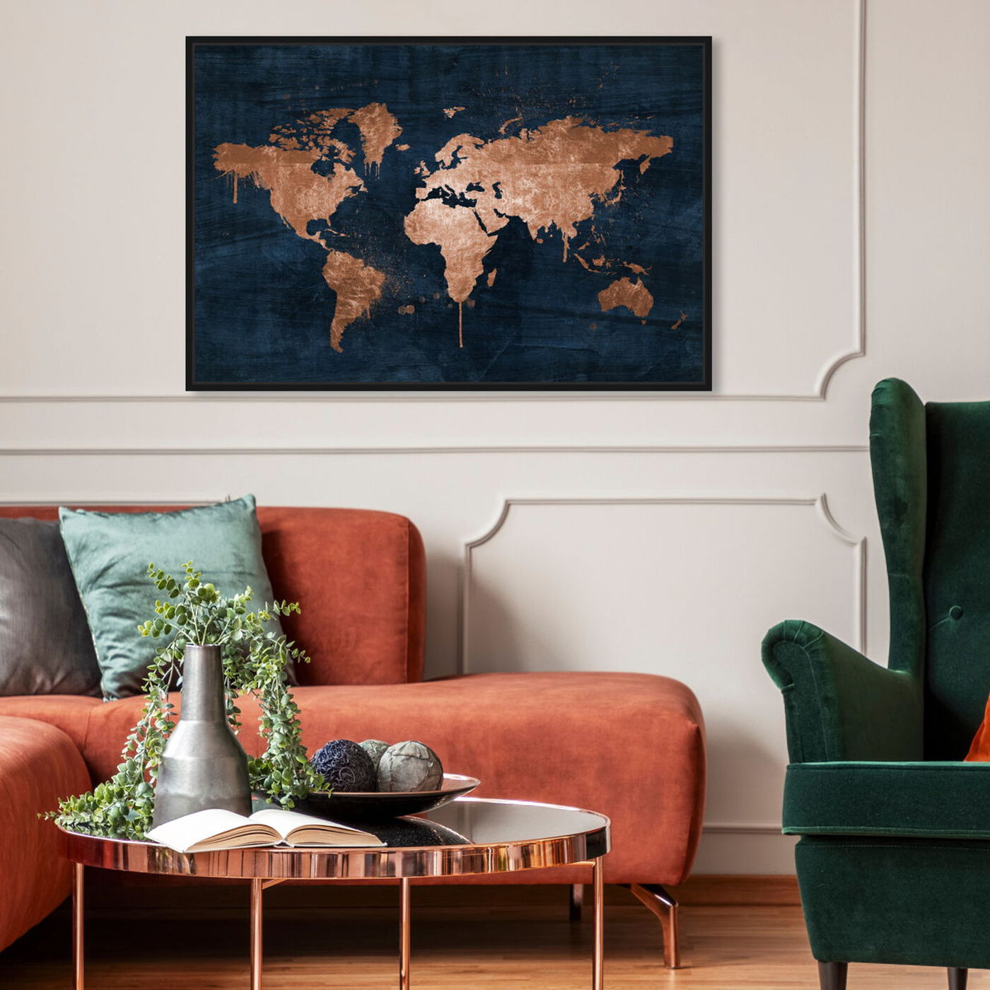 Hanging view of Mapamundi Copper Blue featuring maps and flags and world maps art.