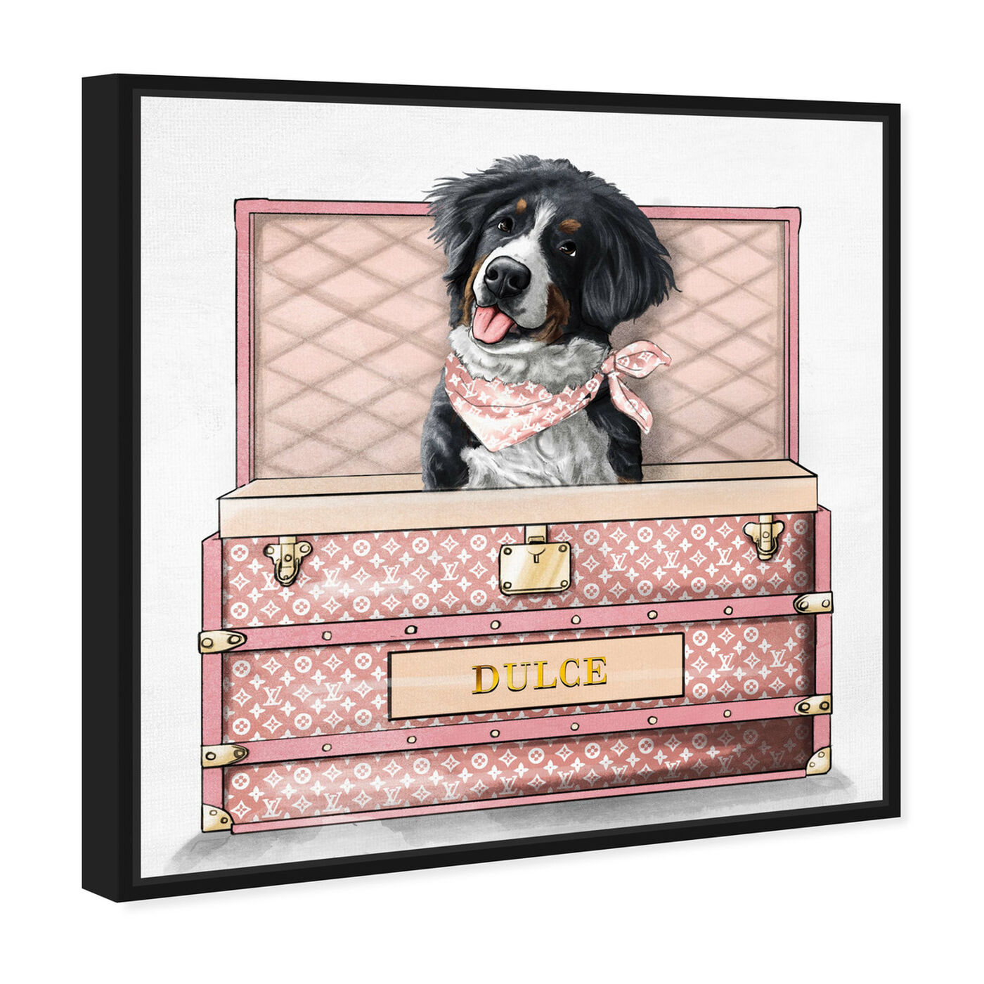 Angled view of Pink Luxury Trunk featuring animals and dogs and puppies art.