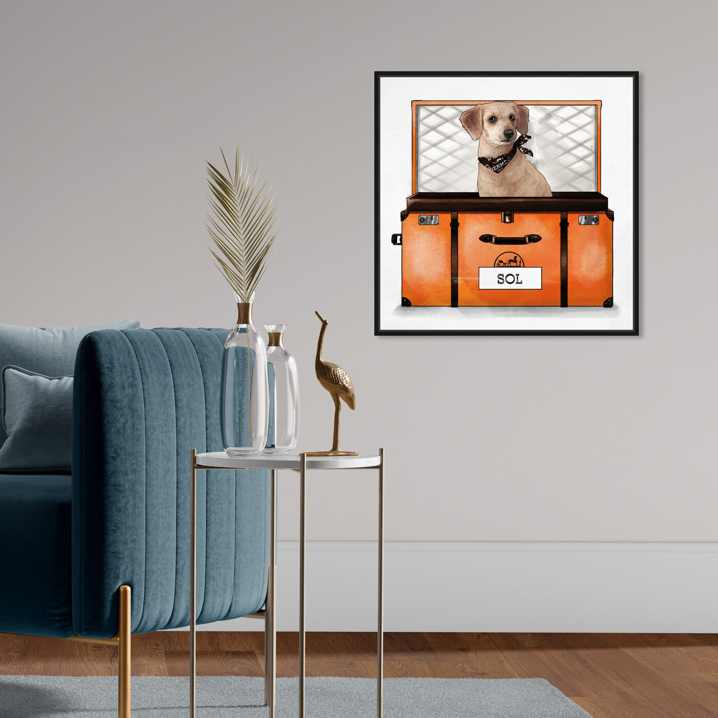Hanging view of Orange Traveler featuring animals and dogs and puppies art.