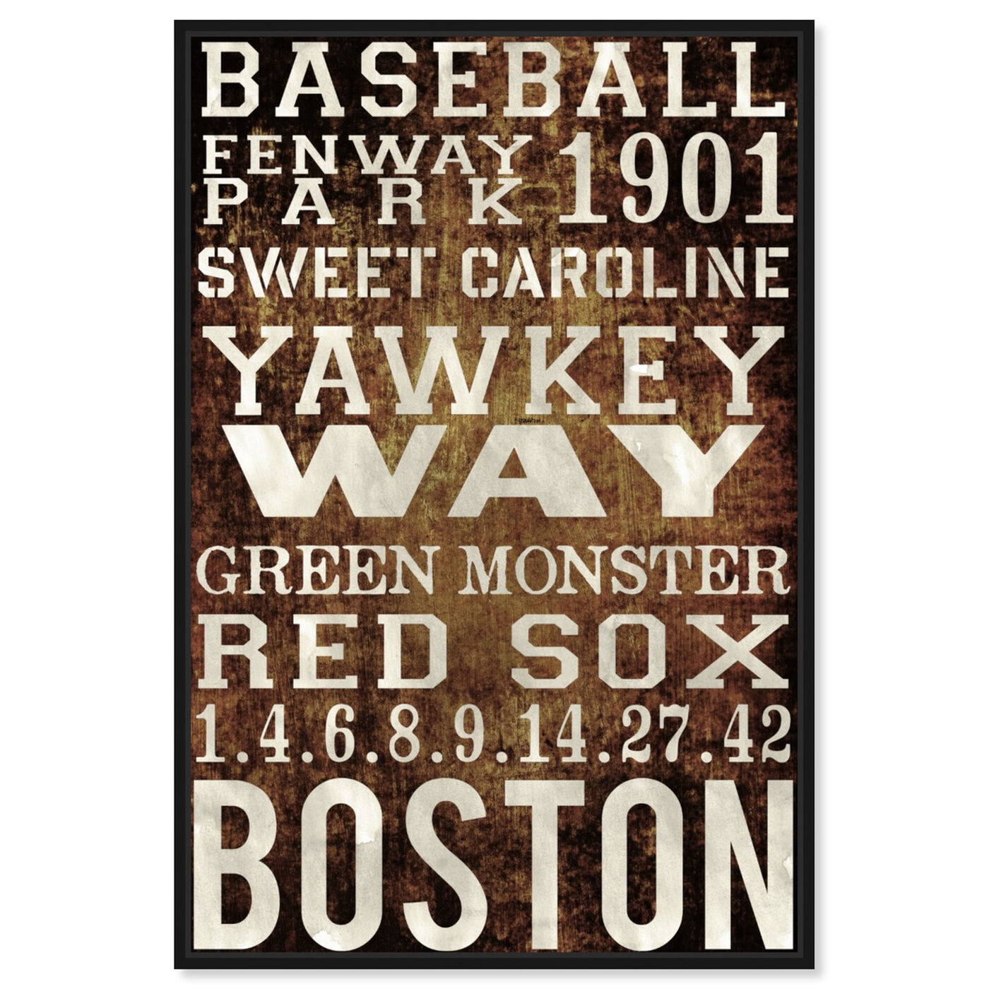 Front view of Boston Red Sox featuring advertising and publications art.