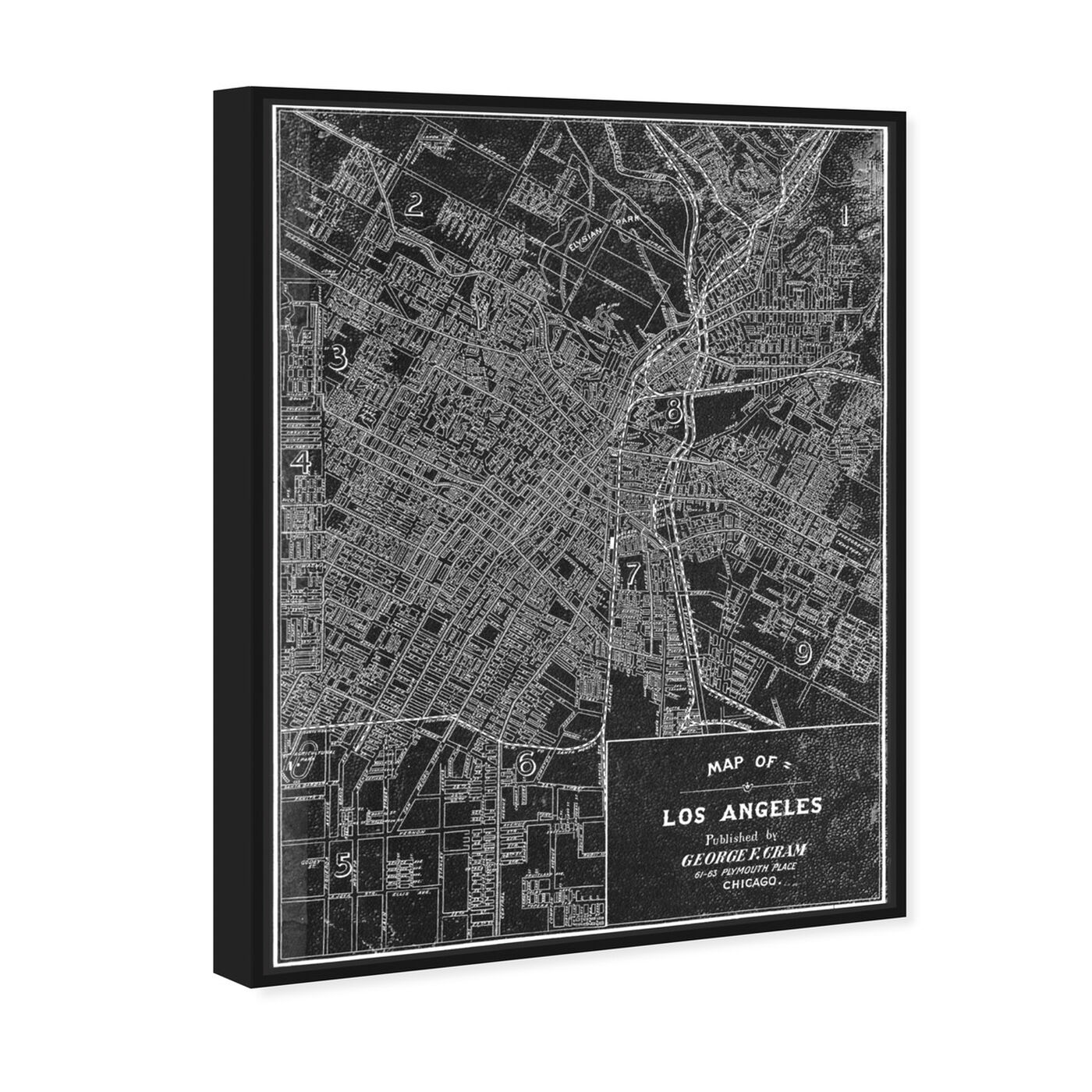 Angled view of Los Angeles Map 1899 Grey featuring maps and flags and us cities maps art.
