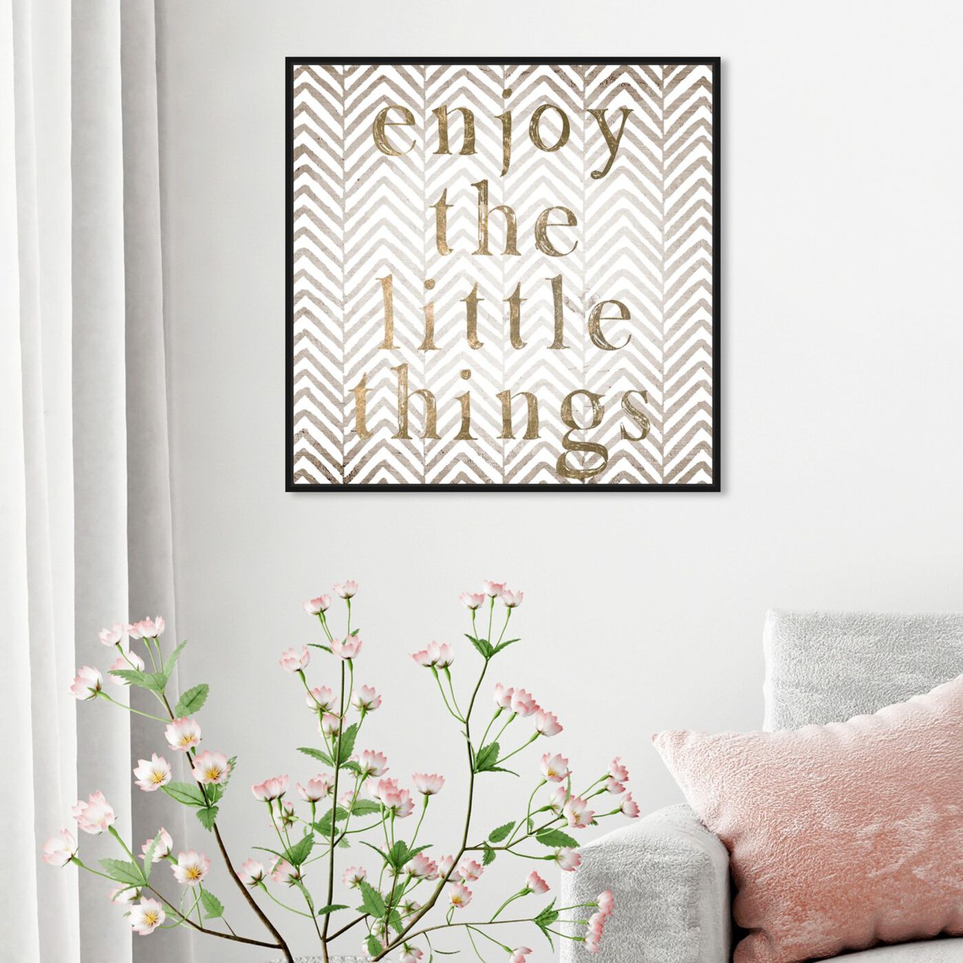 Hanging view of Enjoy The Little Things - Tan featuring typography and quotes and inspirational quotes and sayings art.