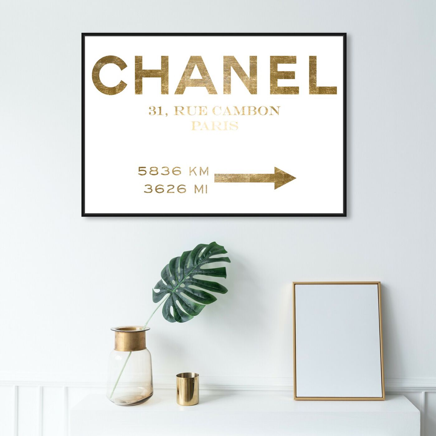 Hanging view of Couture Road Sign Minimalist Gold Foil featuring fashion and glam and road signs art.