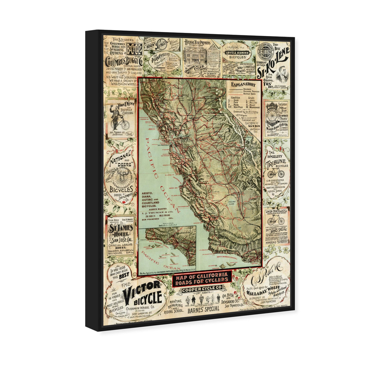 Angled view of Map of California 1896 for Cyclers featuring maps and flags and us states maps art.