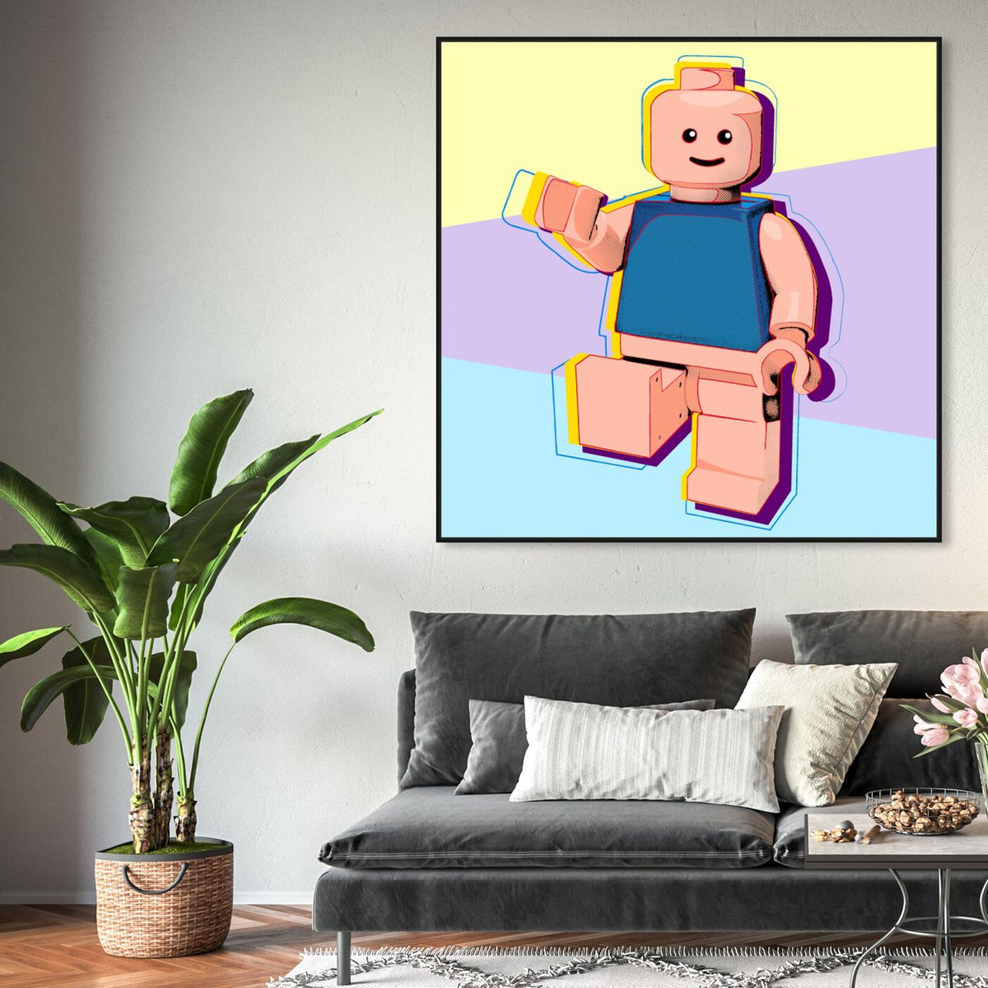 Hanging view of Toy Man featuring symbols and objects and toys art.