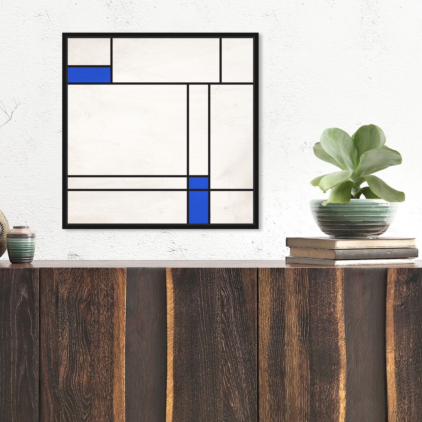 Hanging view of Blue Edge Composition featuring abstract and geometric art.