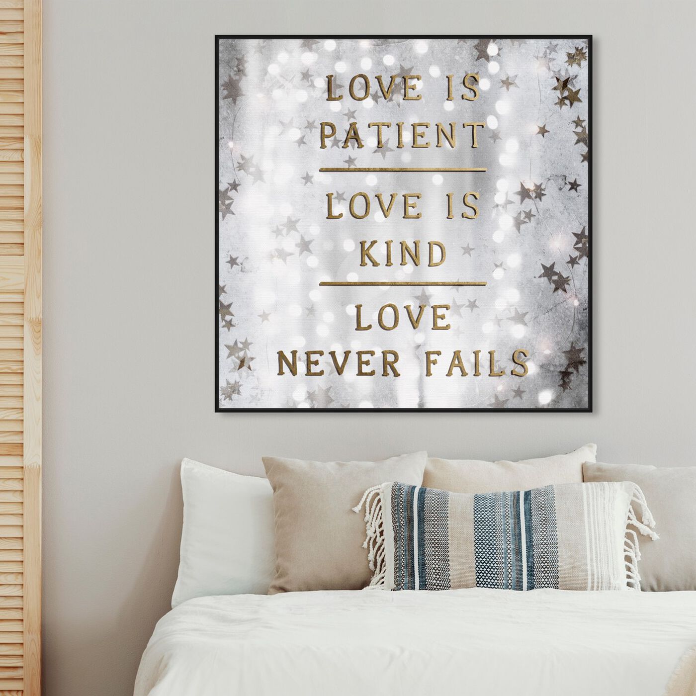 Hanging view of Love is Patient Love is Kind featuring typography and quotes and love quotes and sayings art.