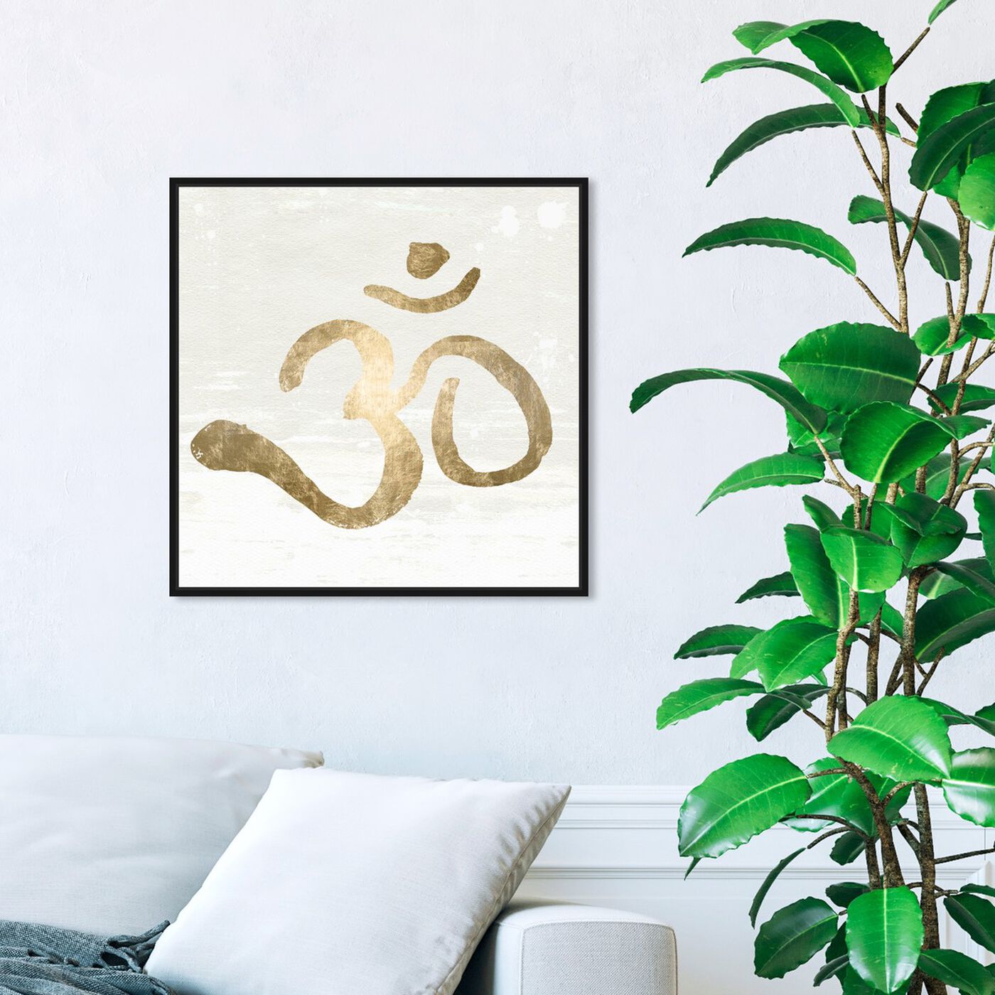 Hanging view of Ohm Gold Blanc featuring symbols and objects and mystic symbols art.