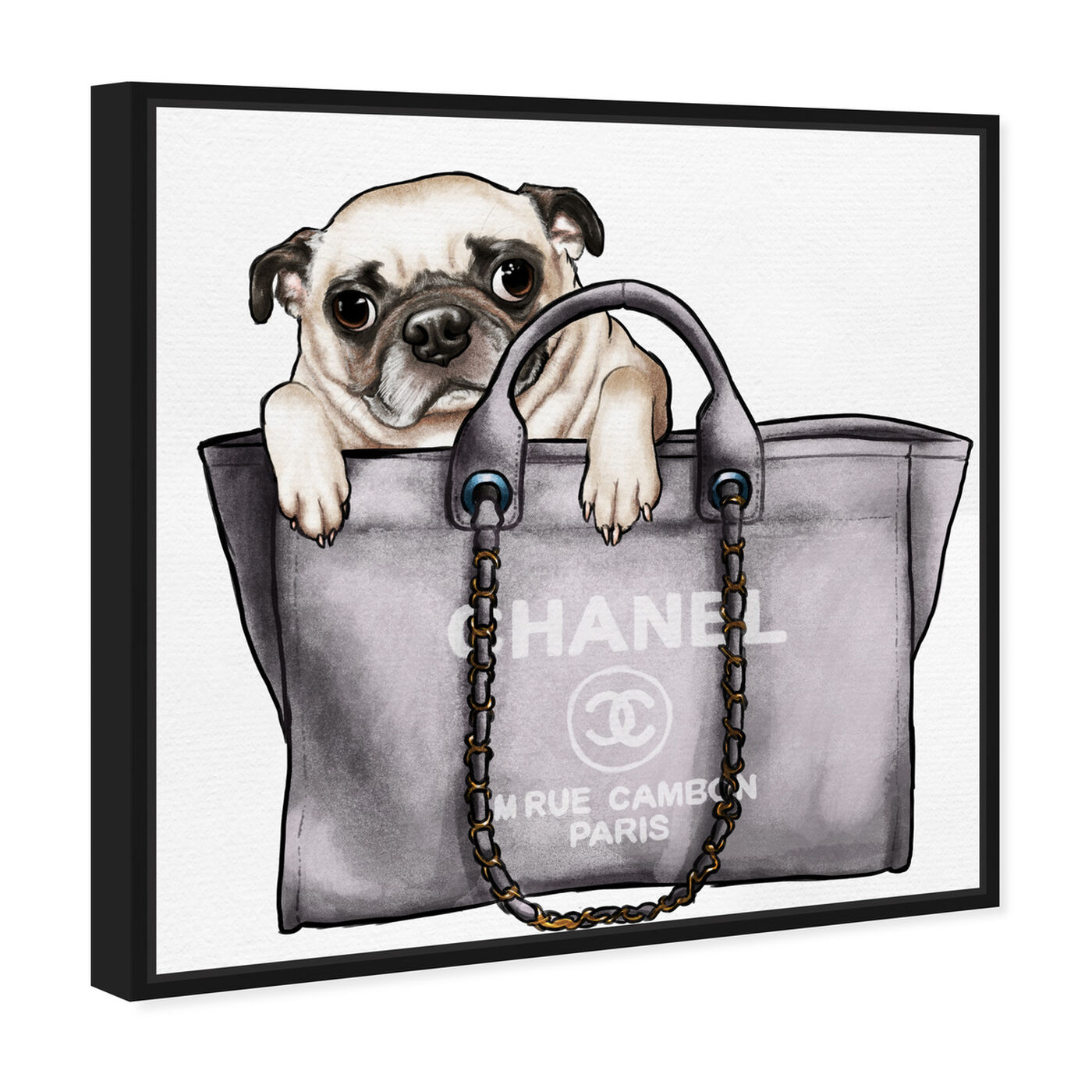 Angled view of Pug in the Bag featuring fashion and glam and handbags art.