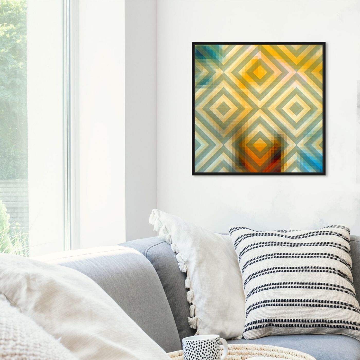 Hanging view of Restricted Memories featuring abstract and geometric art.