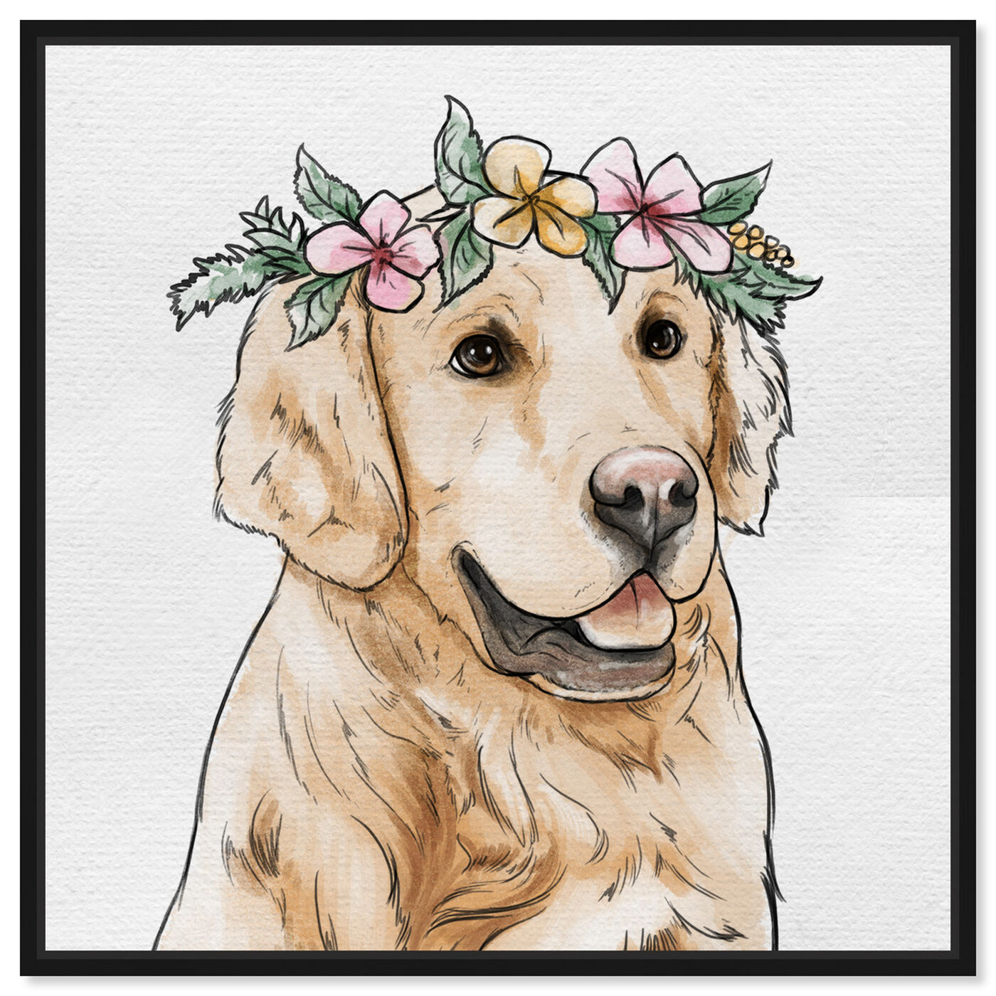 Front view of Floral Crowned Golden Retriever featuring animals and dogs and puppies art.