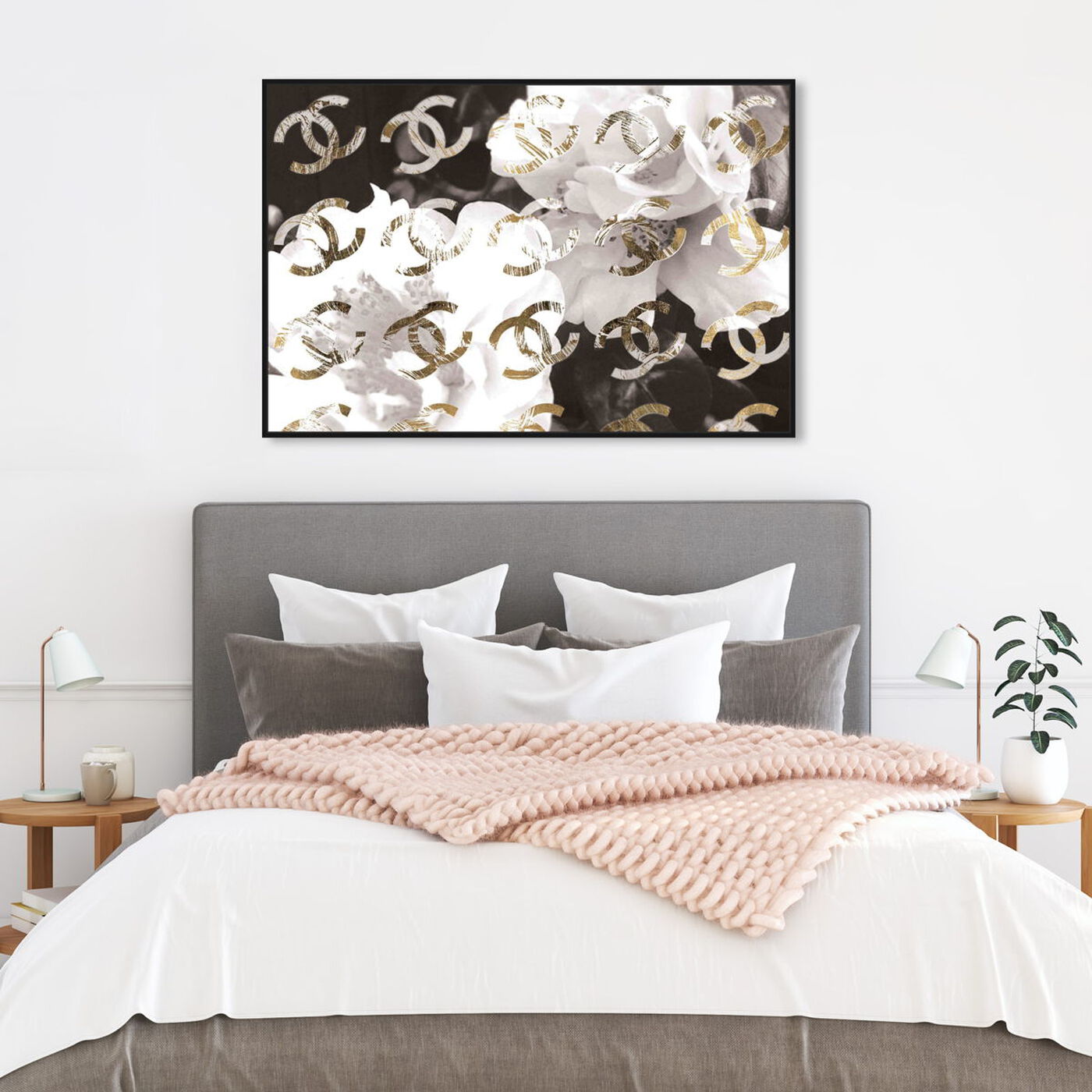 Hanging view of Original Gold Camellia Distressed featuring floral and botanical and florals art.