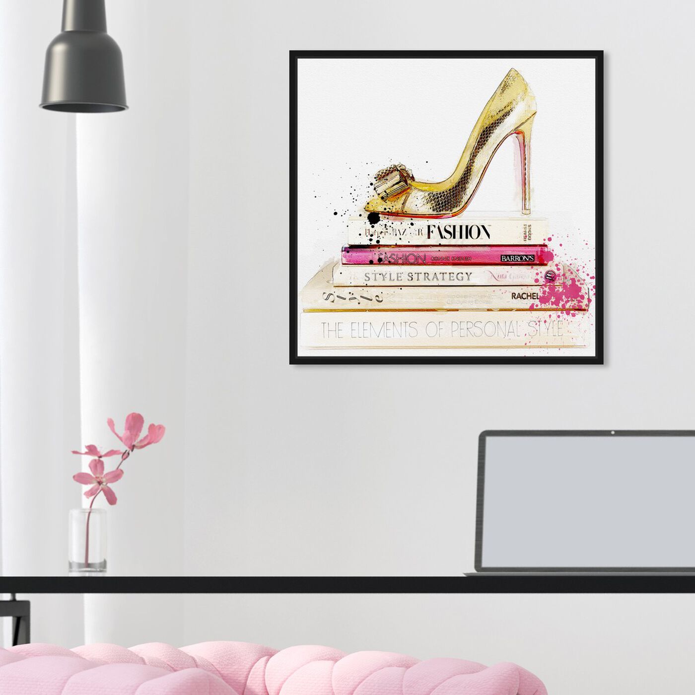 Hanging view of Gold Shoe and Fashion Books featuring fashion and glam and shoes art.