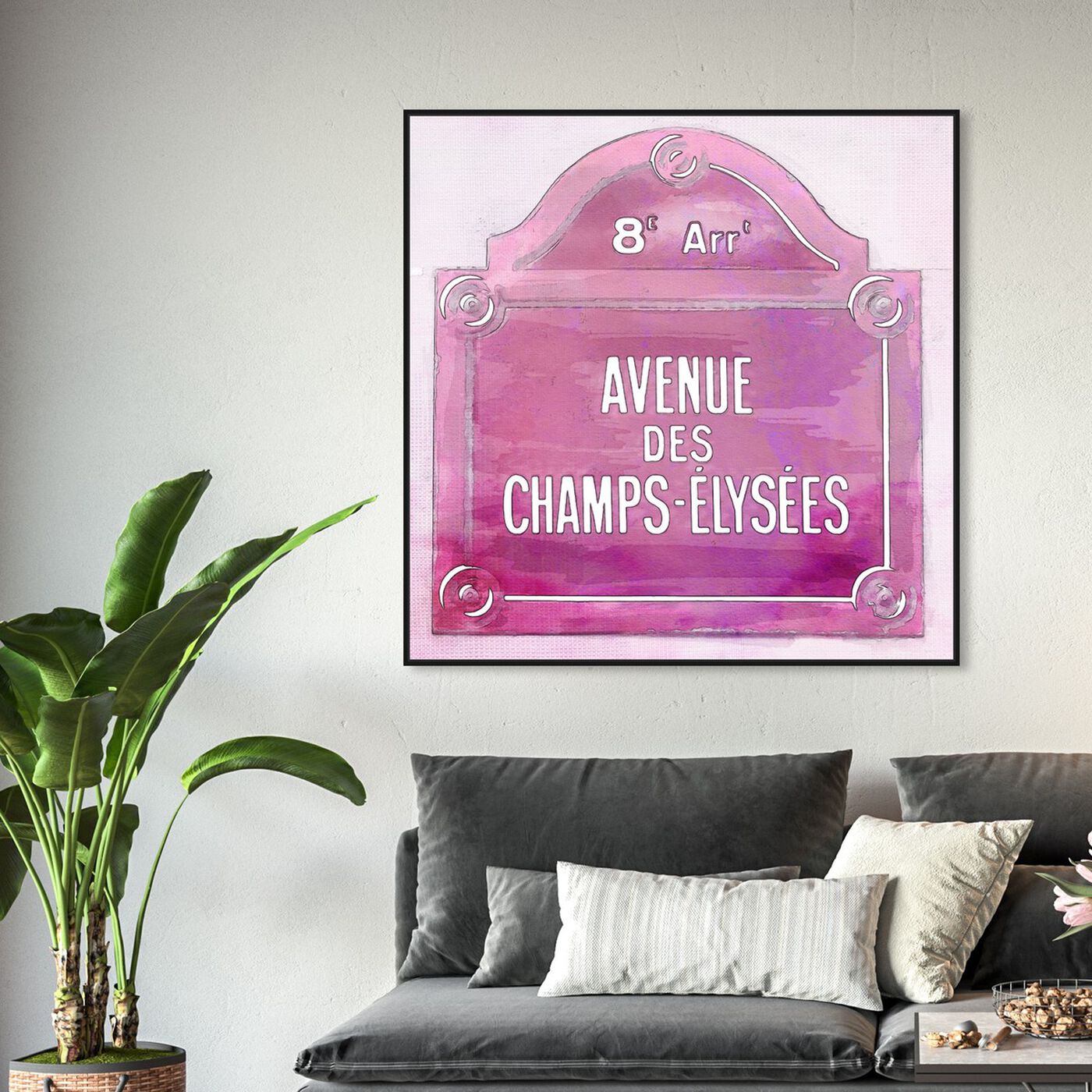 Hanging view of Avenue Des Champs Elysees Pink featuring cities and skylines and european cities art.