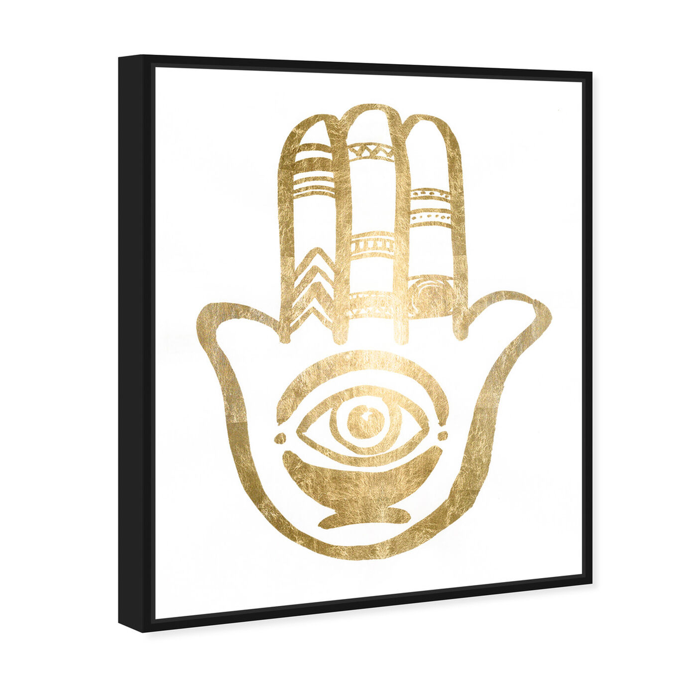 Angled view of Hamsa Gold Foil featuring symbols and objects and mystic symbols art.