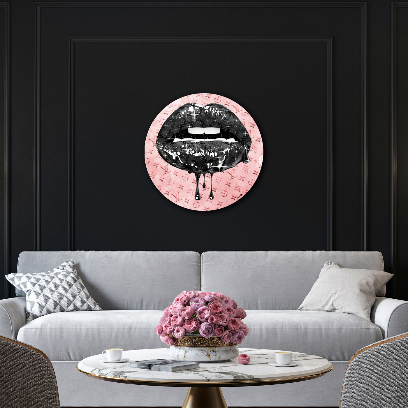 Noir and Blush Lips Round  Fashion and Glam Wall Art by The Oliver Gal